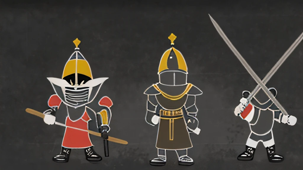 Three cartoon knights stand in a line with spears, character animation, animation movie still, hand - drawn animation, Traditional animation, animation illustrative style, Caricato e simplista, muito estilizado, animation movie still, Classic animation, animation still, character design for animation, design de personagens animados, estilizado simples, video still, vestindo uma armadura