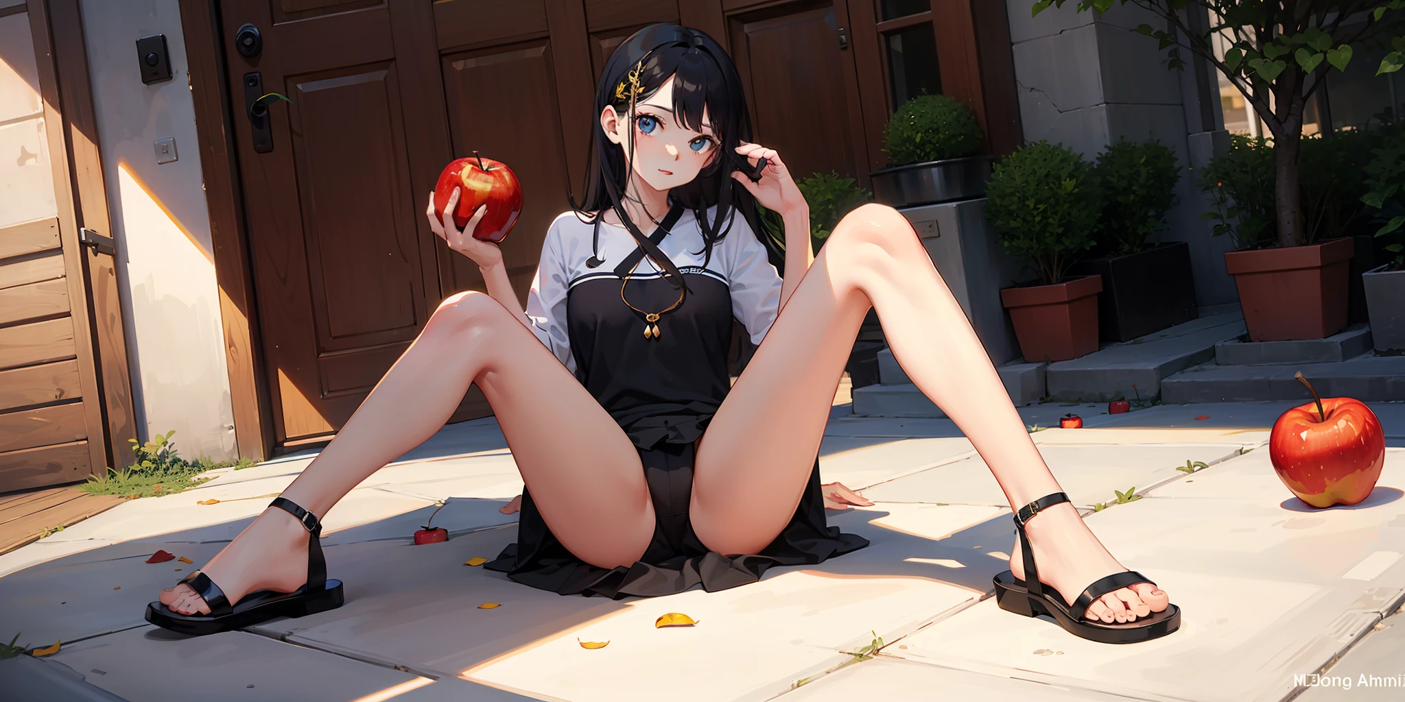 Black flip-flops step on a medium-sized apple