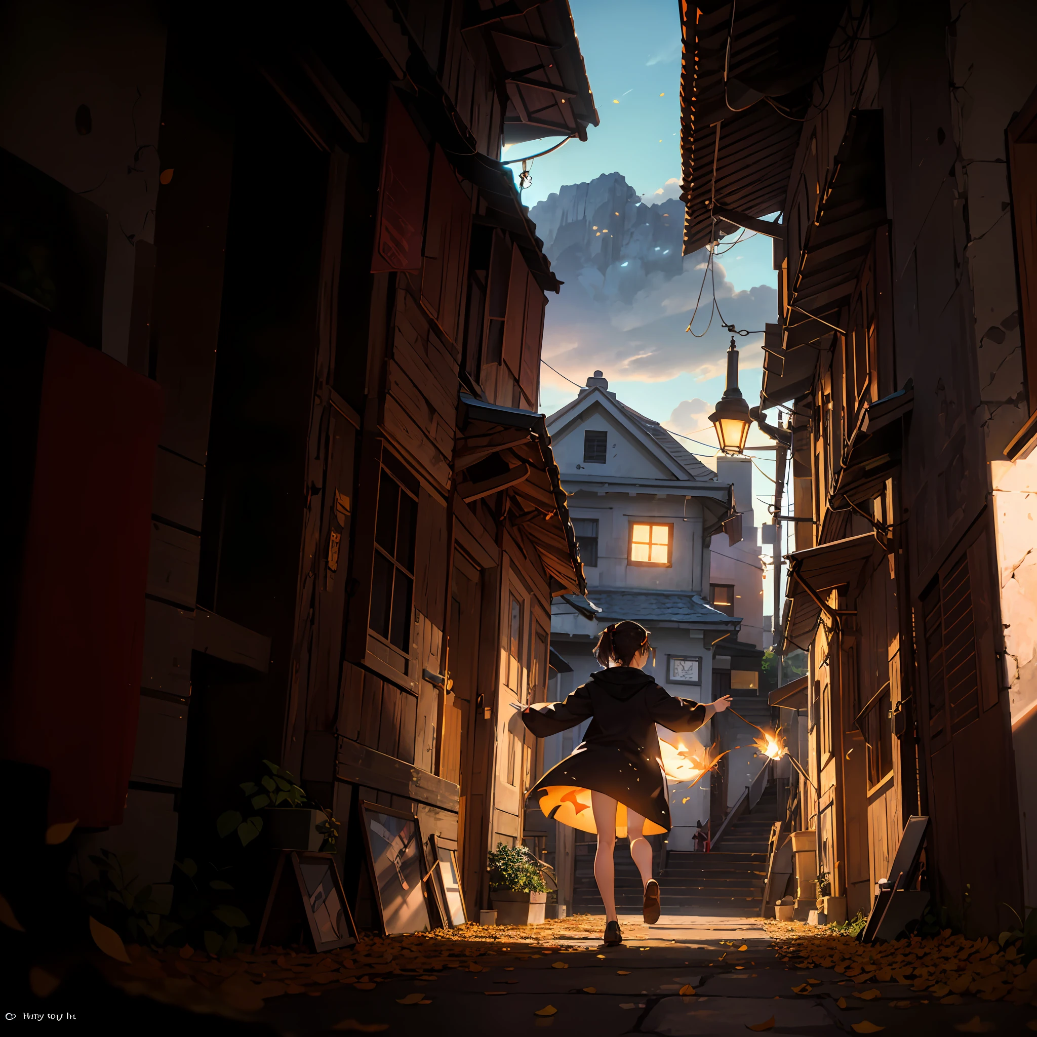 Computer Extensive Landscape Photography (view from bottom, on which you can see the sun, The sky above , The wind blows the leaves and the open street, alleyway, slums, windswirling the leaves), A girl in a raincoat jumps into the sky, Jumps, dynamicpose, catches leaves, Running down the alley and looking up 1 grandmother, Dynamic motion, dinamic angle, The Cloud and the Mountain, (flower field: 1.4) In the foreground, gray cloak, Light tracing, (Floating colorful wind: 1) (photo-realistic: 1.4), official arts, Unity 8k壁纸, Ultra-detailed, Beautiful and aesthetically pleasing, tmasterpiece, beste-Qualit, luminous skin, 电影灯光, slight smile (jour, The sky: 1,2), ( Lots of circling leaves: 0,9), (The sun is shining: 1,3), A Distant Mountain , дерево BREAK production art, (Warm light source:1.2), (Firefly:1.2), lamp, a lot of yellow, Orange, Green, intricate details, volumetric lighting BREAK (tmasterpiece:1.2), (beste-Qualit), 4k, overdetalization , (Dynamic composition: 1.4), Highly detailed, colorful details, (Rainbow colors: 1.2), (Glowing Lighting, Ambiance Lighting), dreamy, elvish, (独奏: 1.2) test strength at 8 , Get him --auto