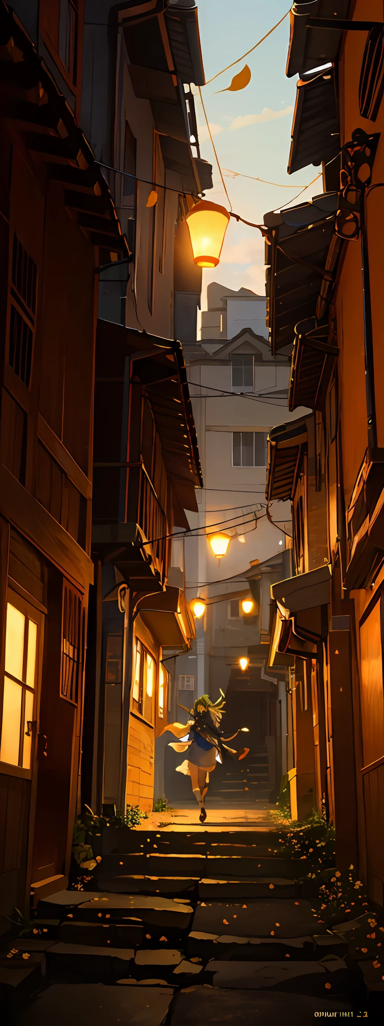 Vast Landscape Photo (view from bottom, which shows the sky above and the open street, alleyway, slums), A  girl, Running down the alley and looking up 1girl, dinamic angle, The Cloud and the Mountain, (flower field: 1.4) In the foreground, gray cloak, Lots of leaves in the air, Light tracing, (Floating colorful wind: 1) (photo-realistic: 1.4), official arts, Unity 8k壁纸, Ultra-detailed, Beautiful and aesthetically pleasing, tmasterpiece, beste-Qualit, luminous skin, 电影灯光, slight smile (jour, The sky: 1,2), (Flying leaves: 0,9), (The sun is shining: 1,3), A Distant Mountain , дерево BREAK production art, (Warm light source:1.2), (Firefly:1.2), lamp, a lot of yellow, Orange, Green, intricate details, volumetric lighting BREAK (tmasterpiece:1.2), (beste-Qualit), 4k, overdetalization , (Dynamic composition: 1.4), Highly detailed, colorful details, (Rainbow colors: 1.2), (Glowing Lighting, Ambiance Lighting), dreamy, elvish, (独奏: 1.2)test strength at 8 , Get him