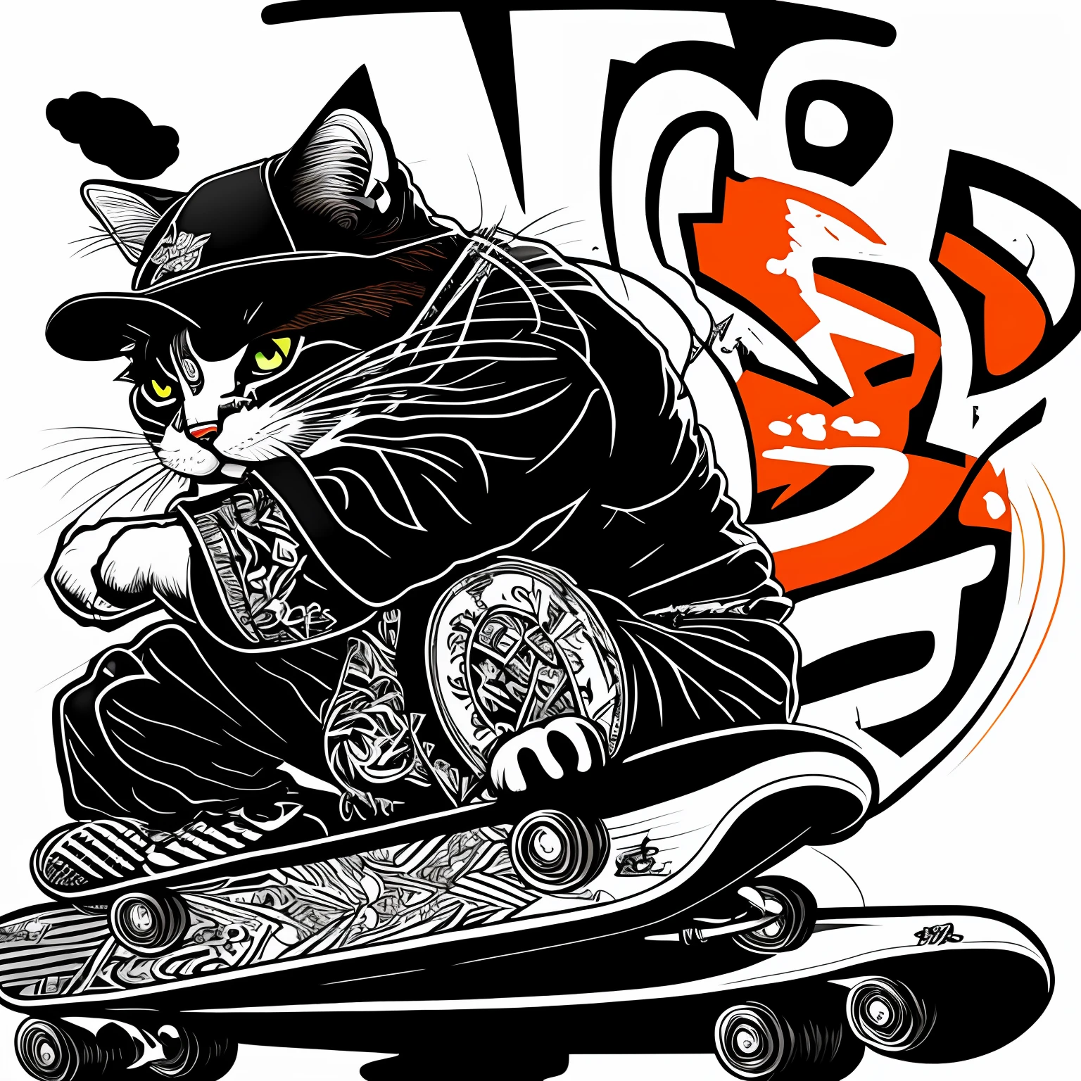 Skateboard cartoon Tom cat close-up on black background,hiphop urban inspired,Streetwear graphic design,Presented in sifu style:2,Cat and mouse Tom cat,hip hop style,Urban art style,Stylish and cool。 --auto