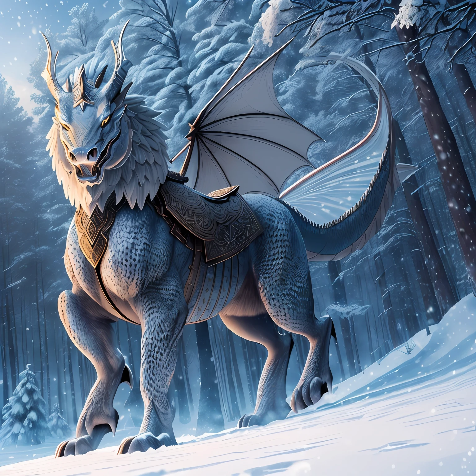 (masterpiece, best quality, ultra-detailed, extremely detailed CG unity 8k wallpaper) | (best illumination, best shadow, an extremely delicate and beautiful) | (Russian warrior in a snowy forest, majestic and imposing paper dragon) --auto