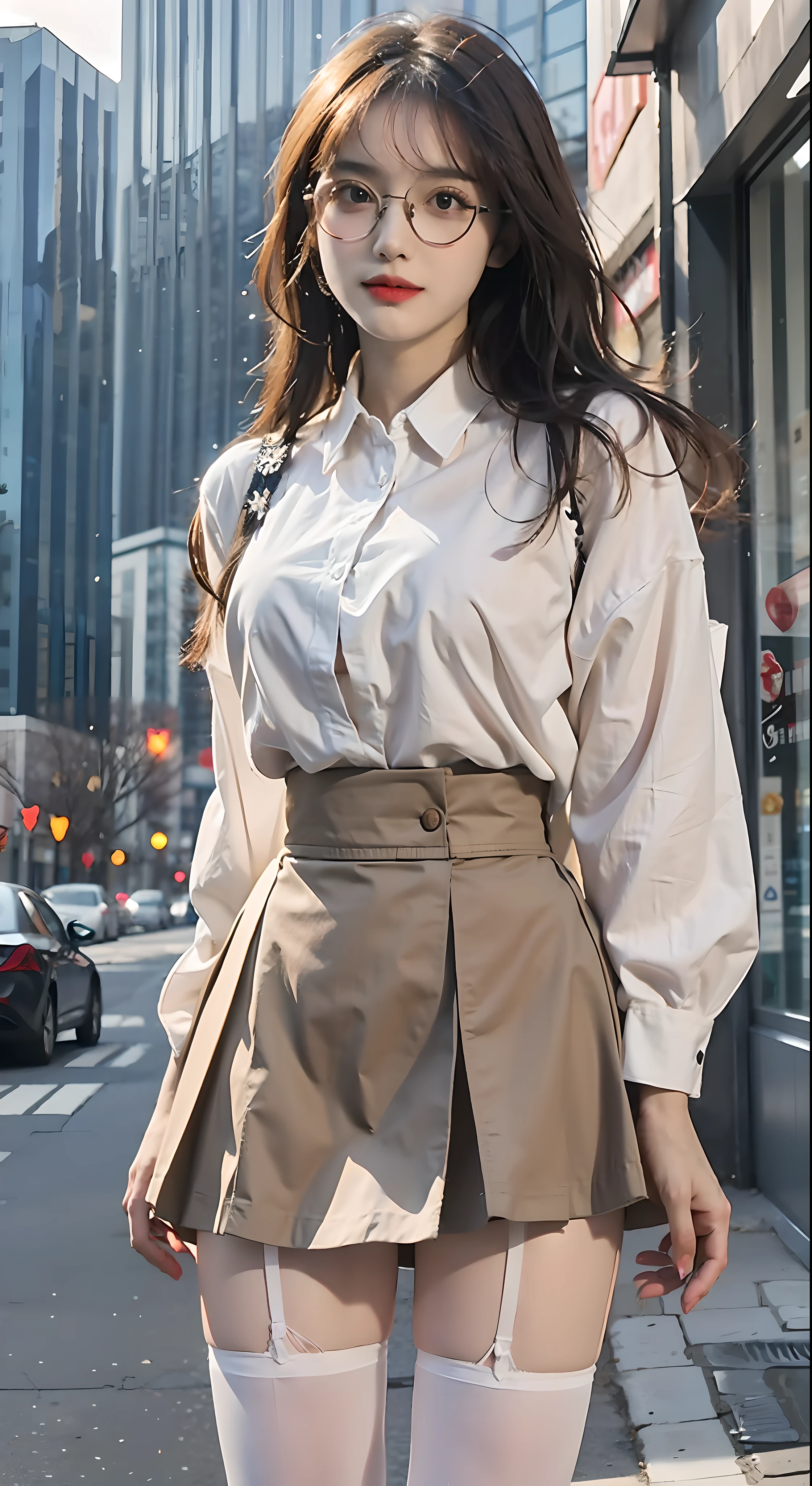 (best qualtiy,A high resolution,tmasterpiece:1.3),A tall and beautiful woman,Slender abs,Dark brown hair in loose wavy styling,nedium breasts,white button-down blouse,a black pleated skirt,(Modern architecture in background),The details in the facial and skin textures are beautifully rendered,Detailed eyes,二重まぶた ((White pantyhose)),(((Apricot skirt wrapped around hips))),White color blouse,eyes looking at the lens,Hands hidden behind a white shirt White shirt (Apricot skirt wrapped around hips (Apricot hip apron super detailed, A high resolution, The is very detailed,best qualtiy,tmasterpiece, Wearing glasses