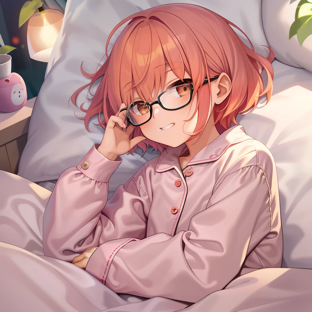 best quality, master piece, 1girl, solo, black-framed eyewear, pink orange hair, brown eyes, short_bob_hair, flat_chest, grin, pajamas, lie on the bed, sleepy, (night:1.5),