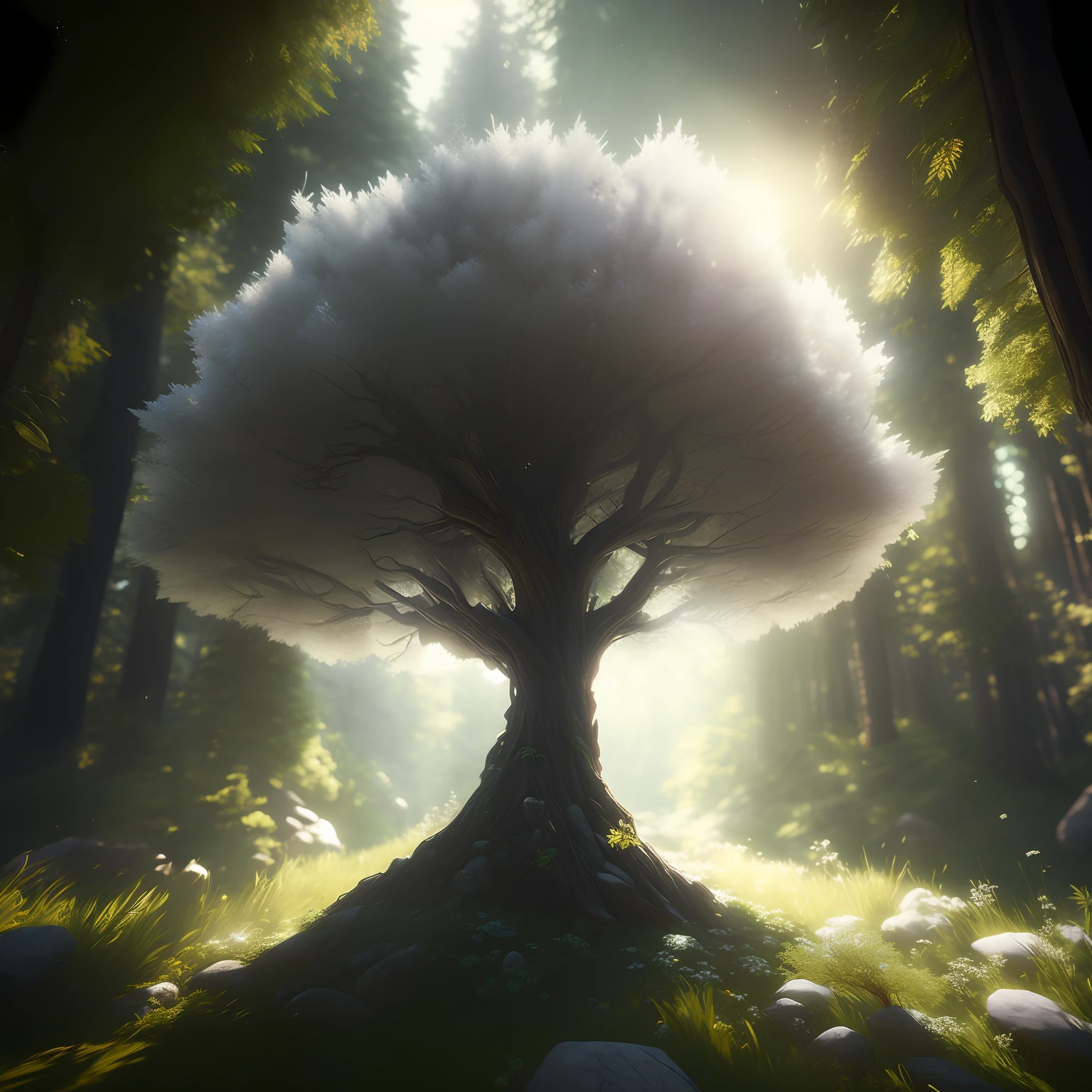 There is a tree in the woods standing on the hill, Fantasy Tree, Unreal Engine fantasy art, daily render, realistic fantasy rendering, 3 d render stylized, gorgeous 3d render, beautiful render of a fairytale, fantasy magical vegetation, Magical tree, 4k highly detailed digital art, stylized 3d render, Unreal Engine art, marc adamus