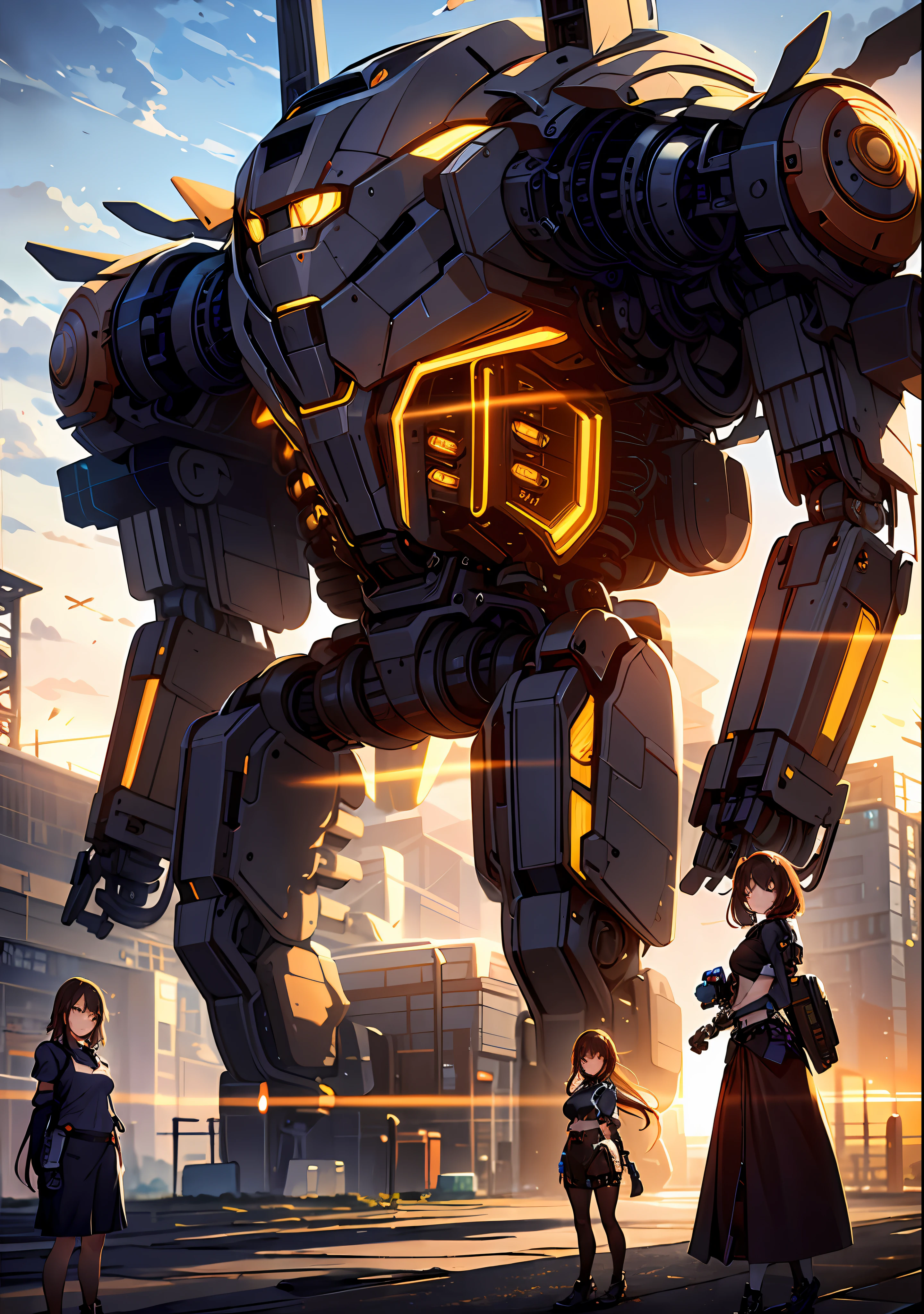 ((masterpiece, best quality)),illustration,ultra detailed 8k,photorealistic,sharp focus,highly detailed,professional lighting,colorful details,iridescent colors BREAK extreme long shot of a factory,large mechanical robot construction,microchip,computer,glowing,intricate details,shitu-mecha,1girl is standing in front of the audience,Navel