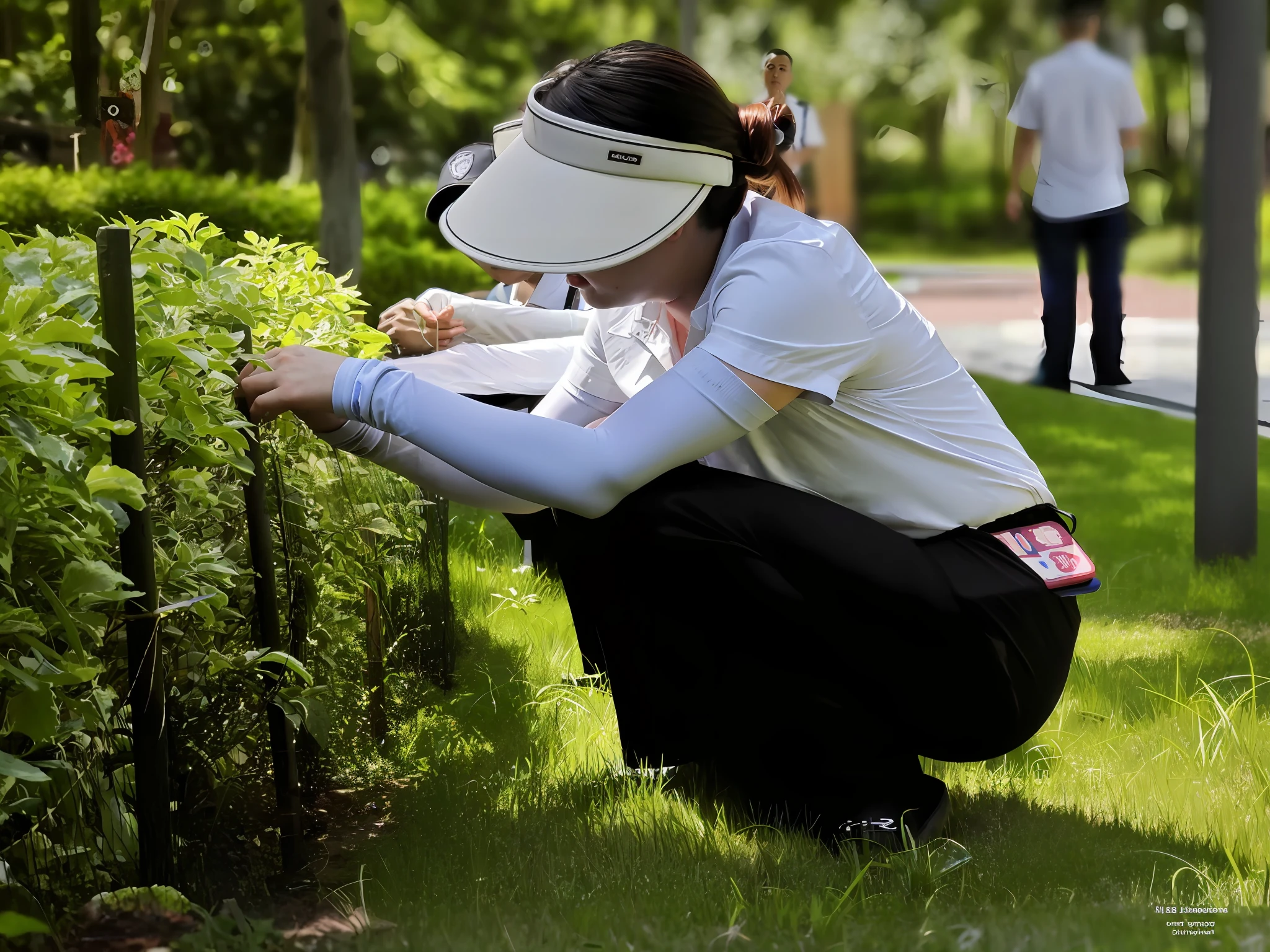 Woman wearing white visor and black pants kneels down to plant plants, gardening, photograph taken in 2 0 2 0, professional art, Professional work, Sunny environment, Maintenance, College, Flowers around, personal profile picture, competition winning, Li Zixin, on the garden, professional, cover shot, Fanart, insect trainer girl, bent - over posture, unknown artist