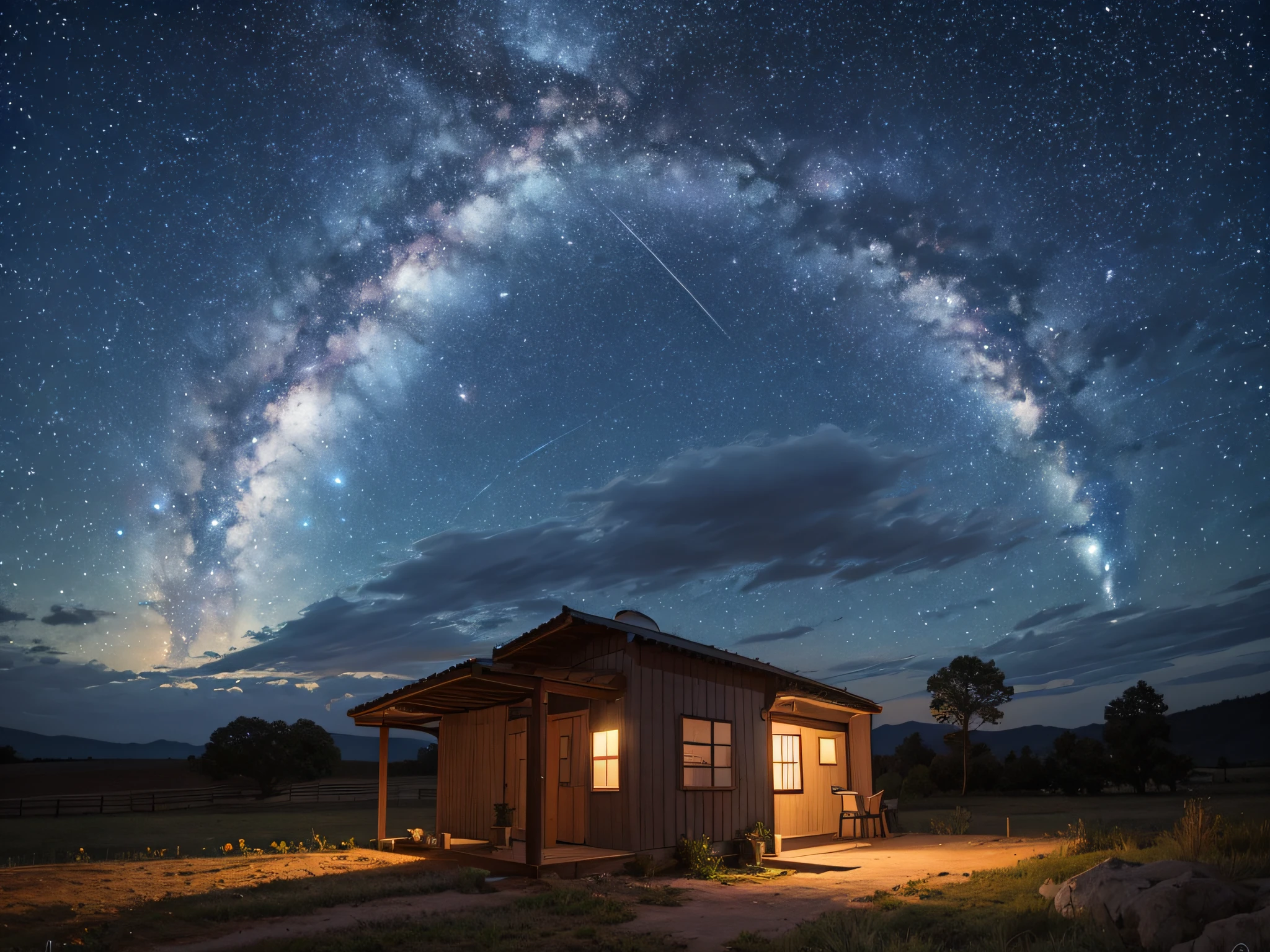 Campo nocturno, con cielo vista de via lactea, con un hermoso fogon --auto