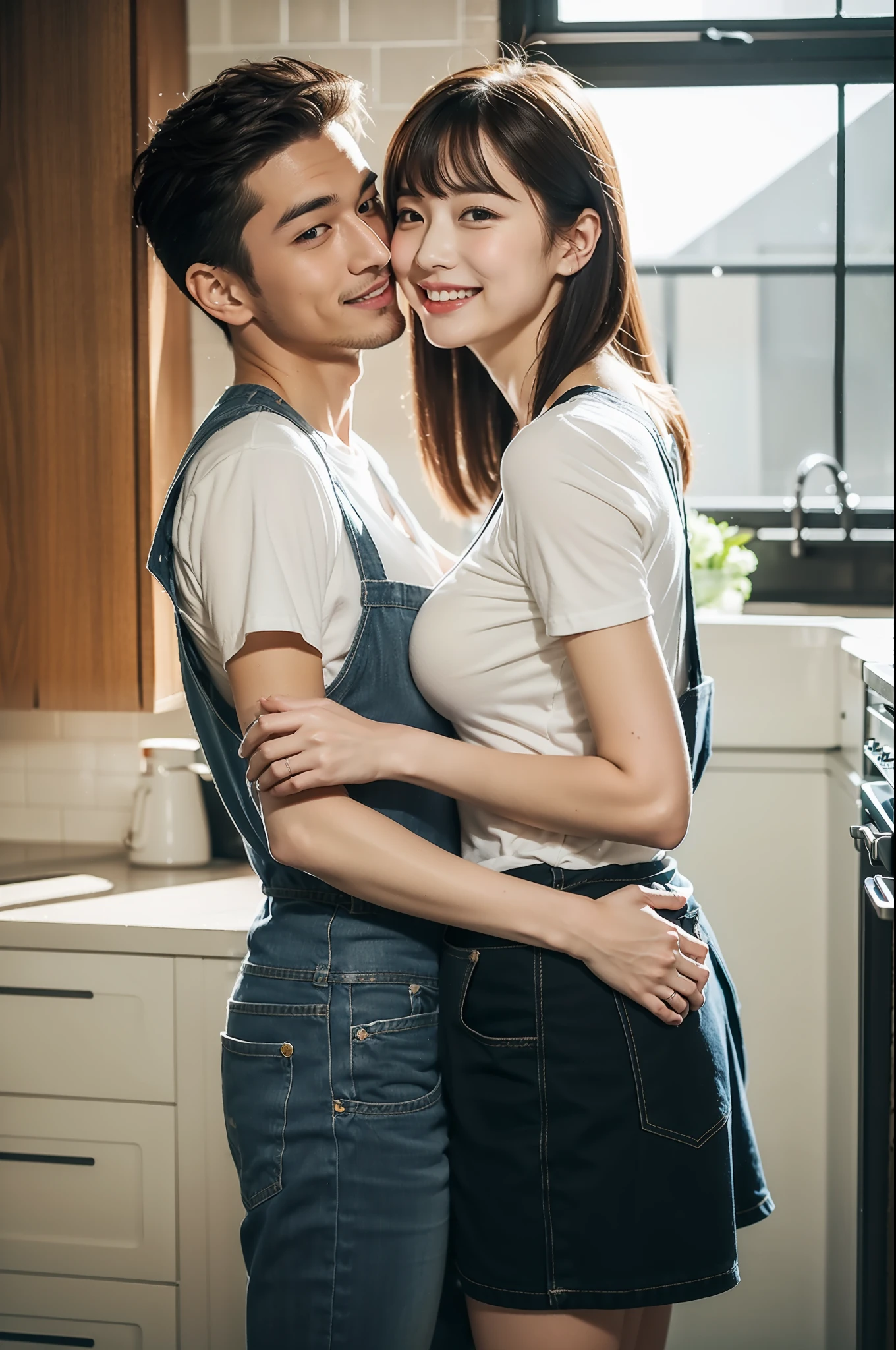 best qualtiy、​masterpiece、fidelity:1.3、超A high resolution、(Photorealsitic:1.4)、Couple hugging each other in the kitchen（Year difference couple、The woman is tall:1.5、Man is a boy）、1 Most Beautiful Mature Woman in Japan（Obscene big breasts:1.4、Wearing an apron、Bob Hair）、1 boy with a cute face（shortsleeves）The ultra -The high-definition、Flirting