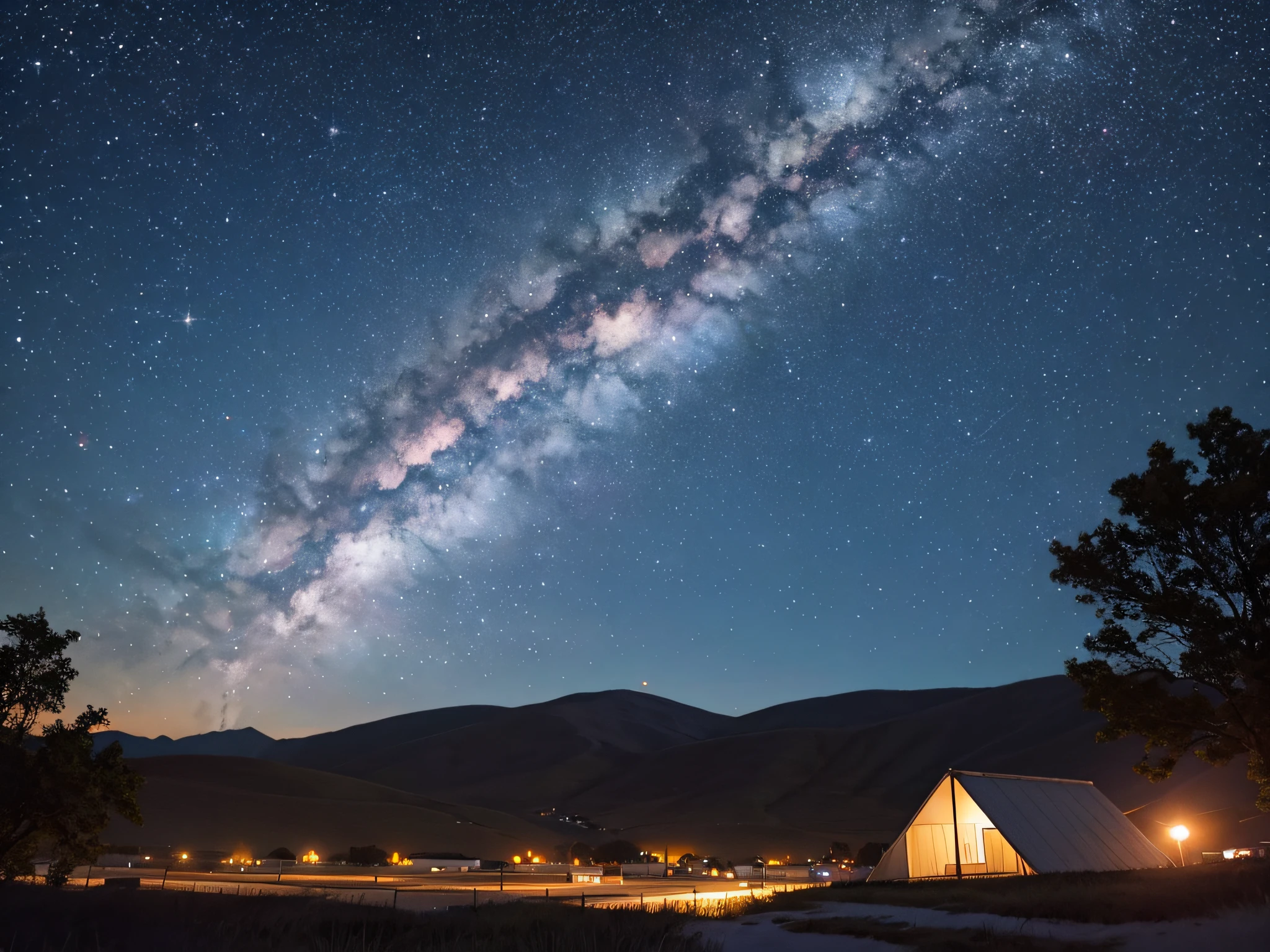 Campo nocturno, con cielo vista de via lactea, con un hermoso fogon --auto