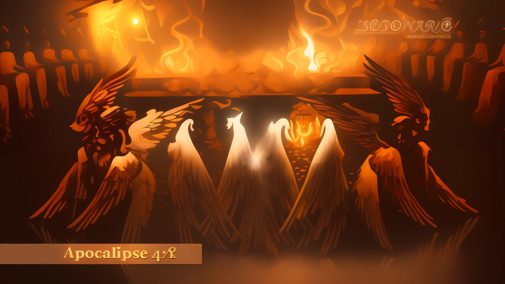 There are four angels sitting in a group in front of an altar, mystical and new age symbolism, ophanim has bird wings, epic biblical representation, Quatro Cavaleiros do Apocalipse, major arcana palace occult, beautiful depiction, para compreender o inferno ou ir angelical, some cosmic angels, esoteric symbolism, transformation scene-h 768, Simbolismo oculto