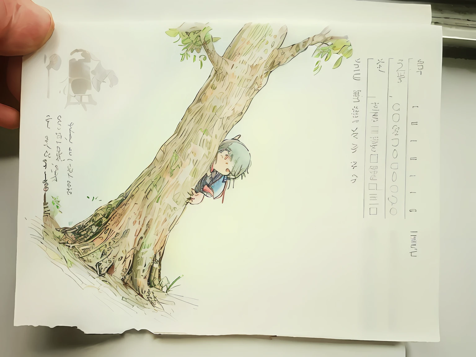 Someone was holding a piece of paper，It depicts a man peeking from a tree, Climbing a tree, with a tall tree, author：Middle Bokuhn, Sitting on a tree, Sit on a tree, author：by Yumihiko Amano, inspired by Yumihiko Amano, on trees, shintaro kago, ren's book drawing