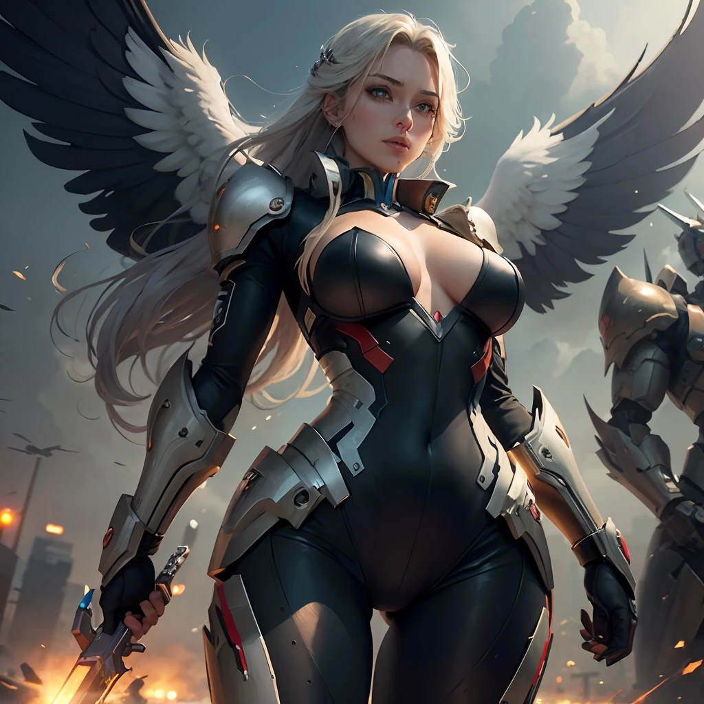 Beautuful Women,Raised sexy,Bigchest,tightsuit,(tmasterpiece,best qualtiy:1.3),extremly high detail,复杂,8k,HDR,the wallpaper,cinmatic lighting,Skysky,flight,holdingweapon,with light glowing,armour,glowing light eyes,mechs,realisticlying,mechs,large wings, --auto