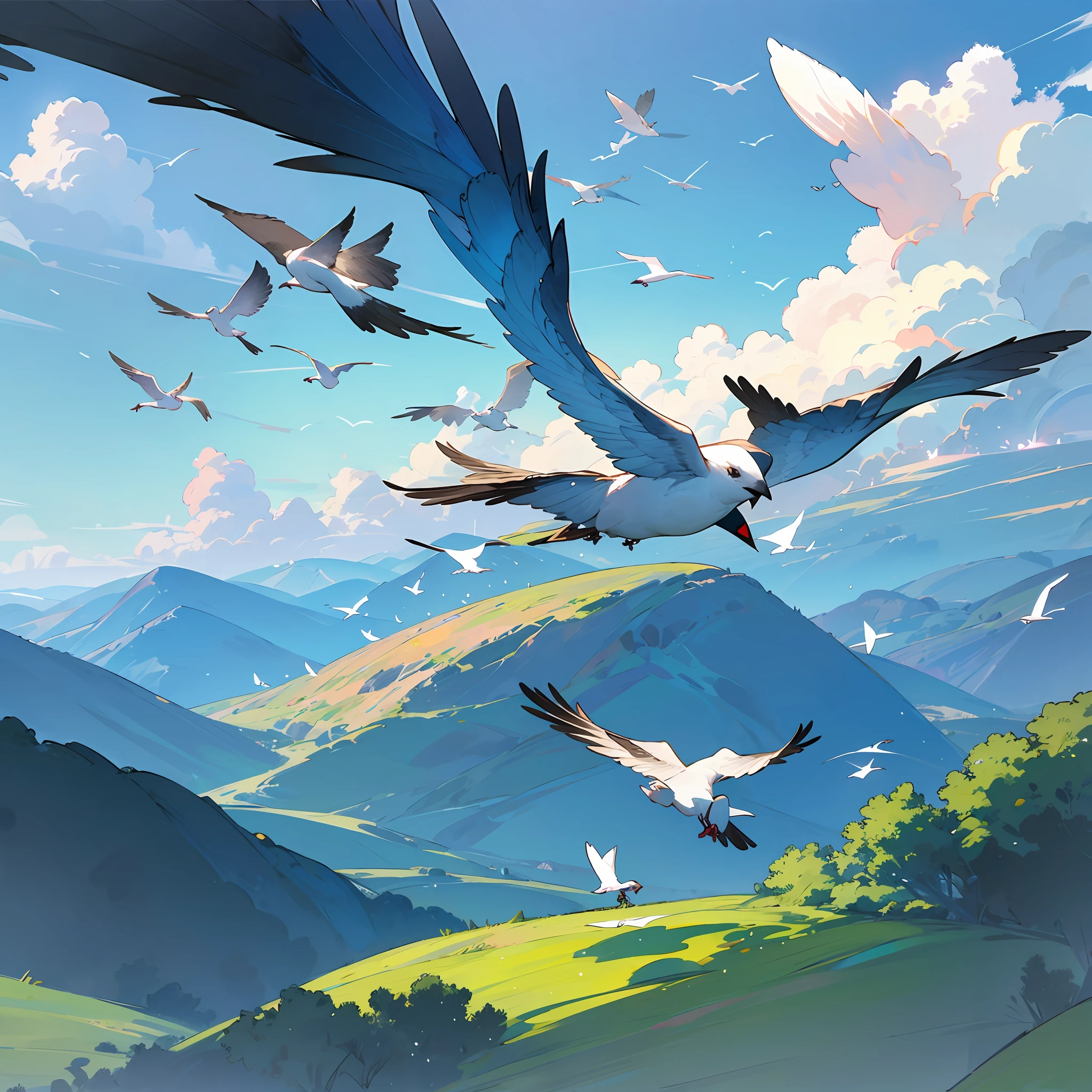 nature landscape idyllic landscape pretty picture book watercolor birds flying in the sky --auto