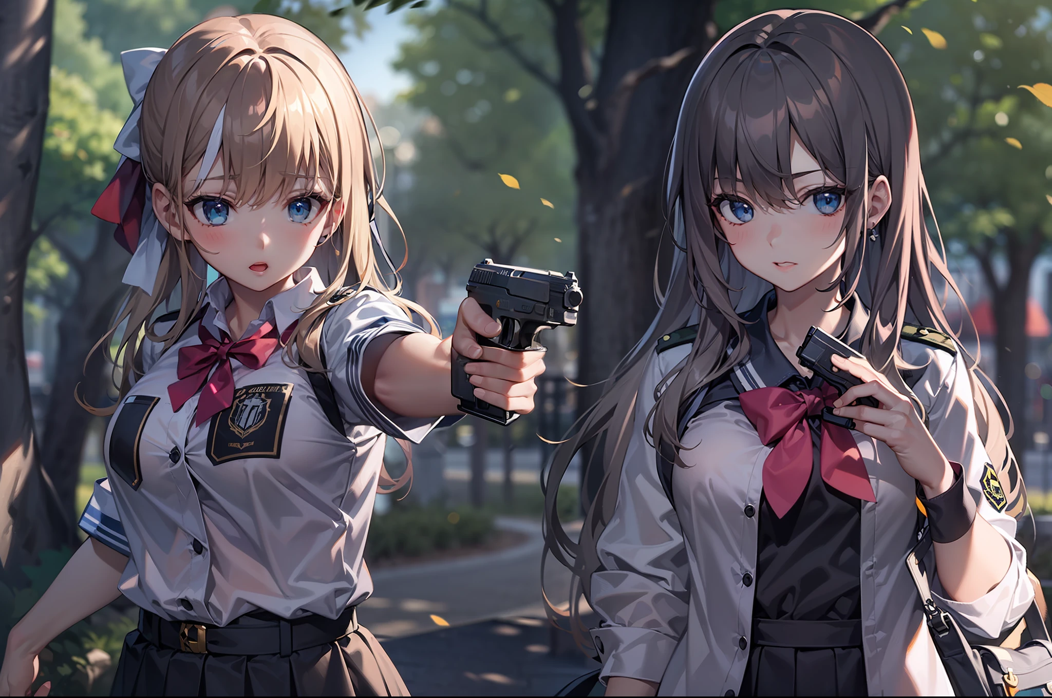 1 girl, handgun, in the park, high school uniform, special operations, cinematic action, looking enemy