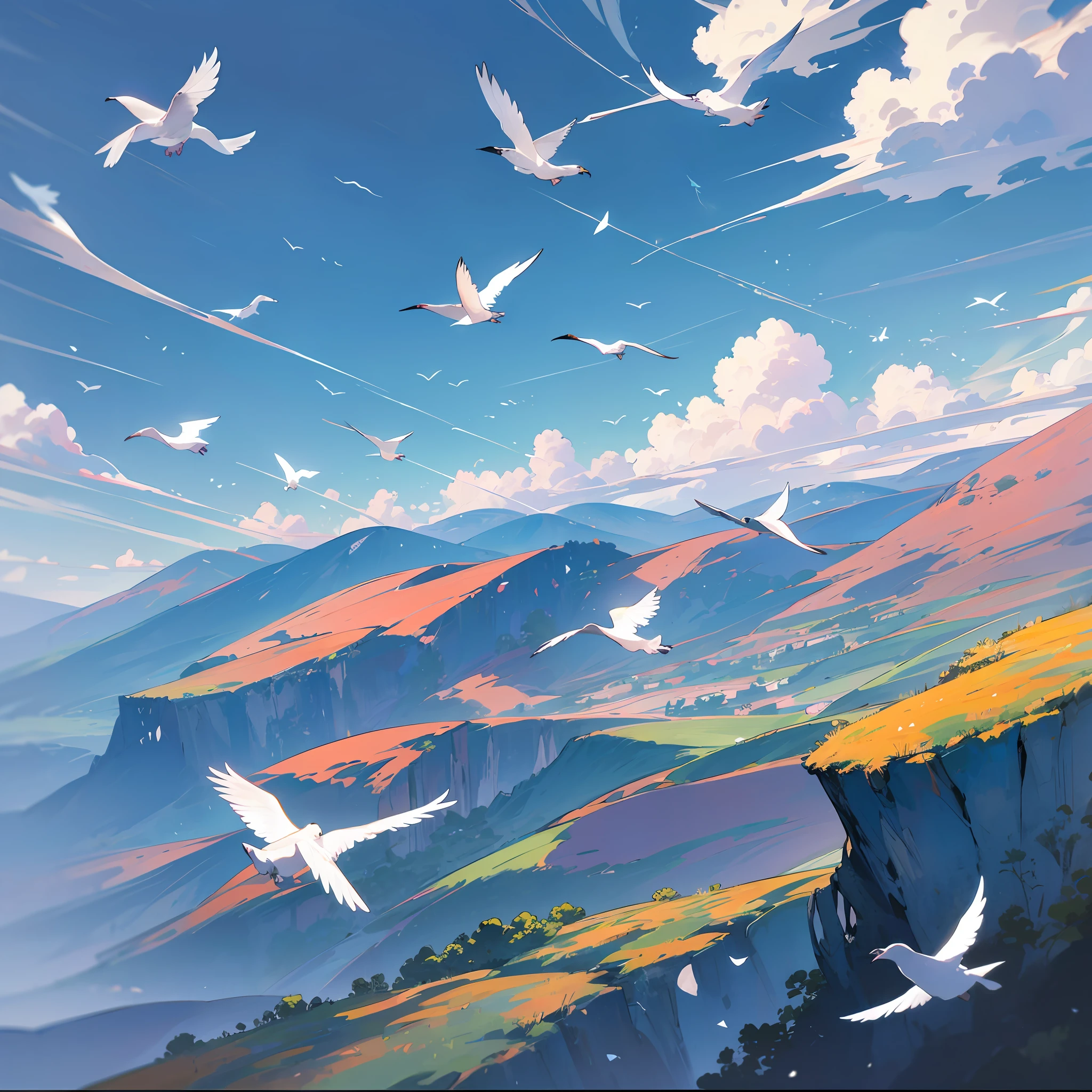 nature landscape idyllic landscape pretty picture book watercolor birds flying in the sky --auto