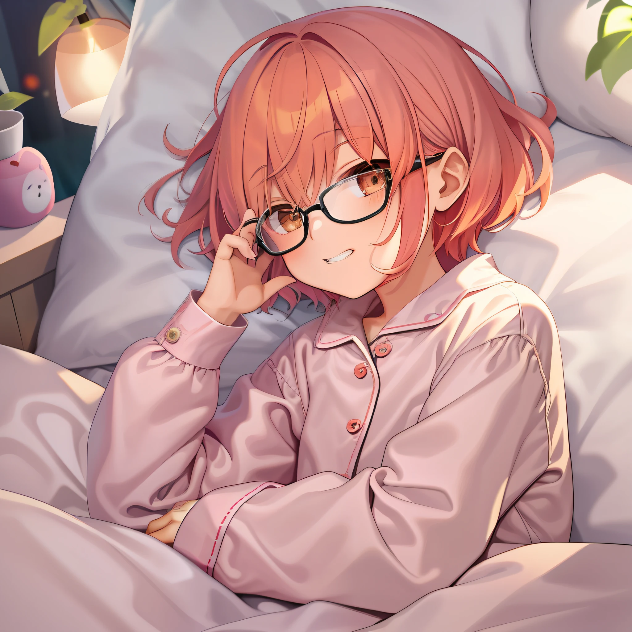 best quality, master piece, 1girl, solo, black-framed eyewear, pink orange hair, brown eyes, short_bob_hair, flat_chest, grin, pajamas, lie on the bed, sleepy, (night:1.5),