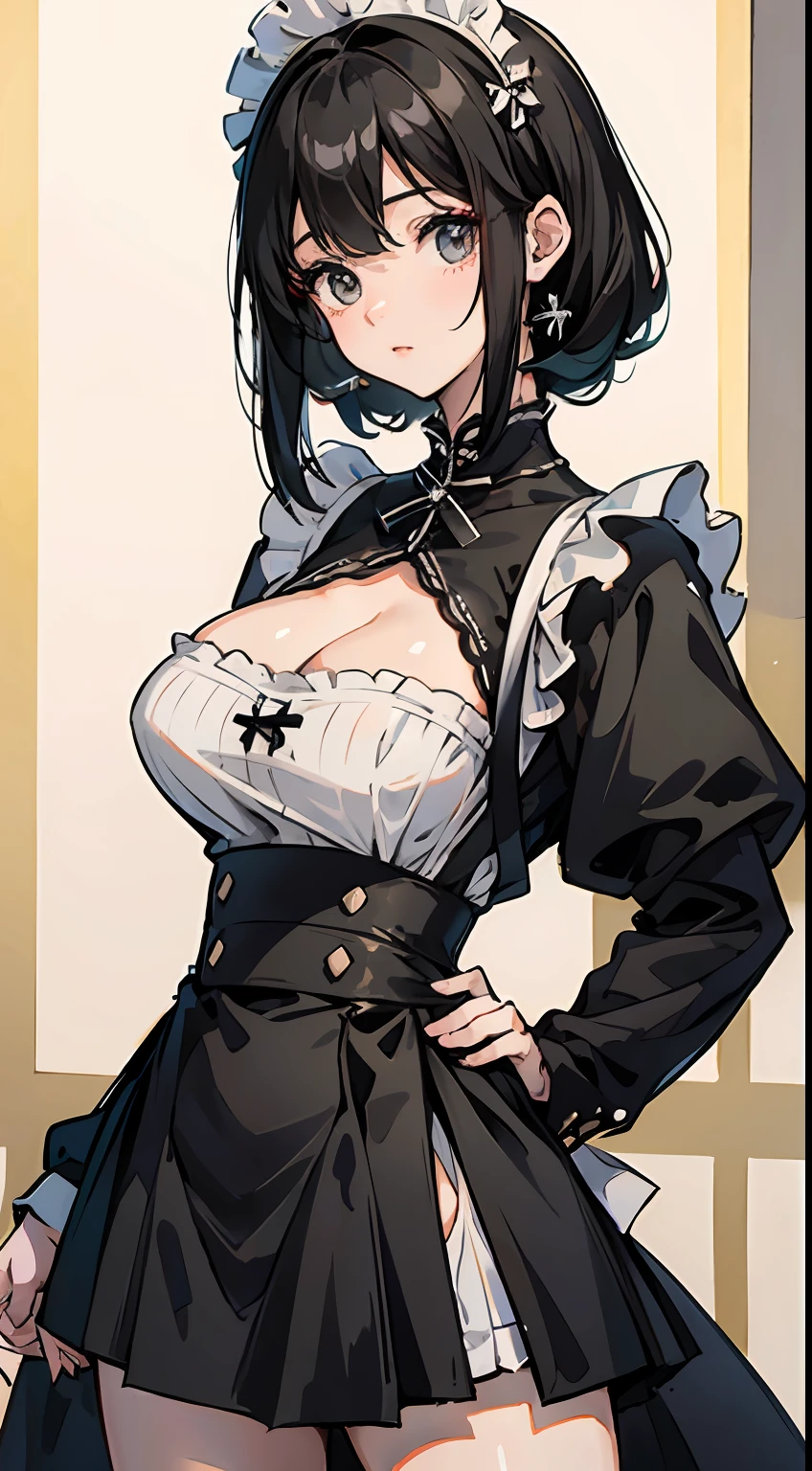 Black hair, long maid outfit, mini skirt, cute cleavage, thin waist, large buttocks. --auto