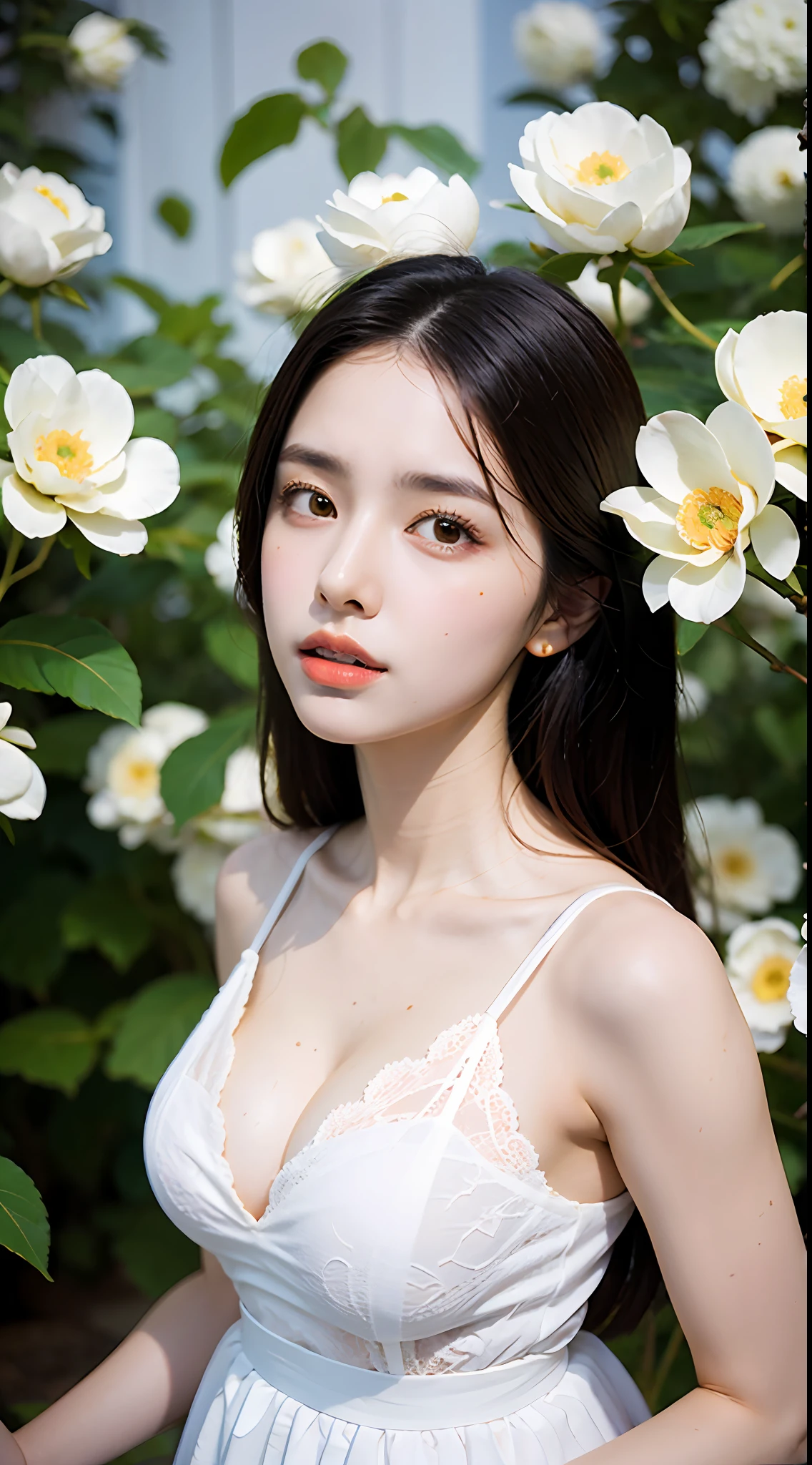 Sad theme , (best quality, masterpiece:1.2), 18yo beautiful girl in garden,pale white skin,(Ukrainians:Russian:0.5),deep cleavage white dress, large breast, (white flowers mess in background:1.3),eyes level shot, shoot the (high detailed skin:1.2), 8k uhd, dslr, low key, high quality, film grain, Fujifilm XT3, lighting glow effect,no retouching,raw photo realistic, skin texture is very detail ,no makeup,