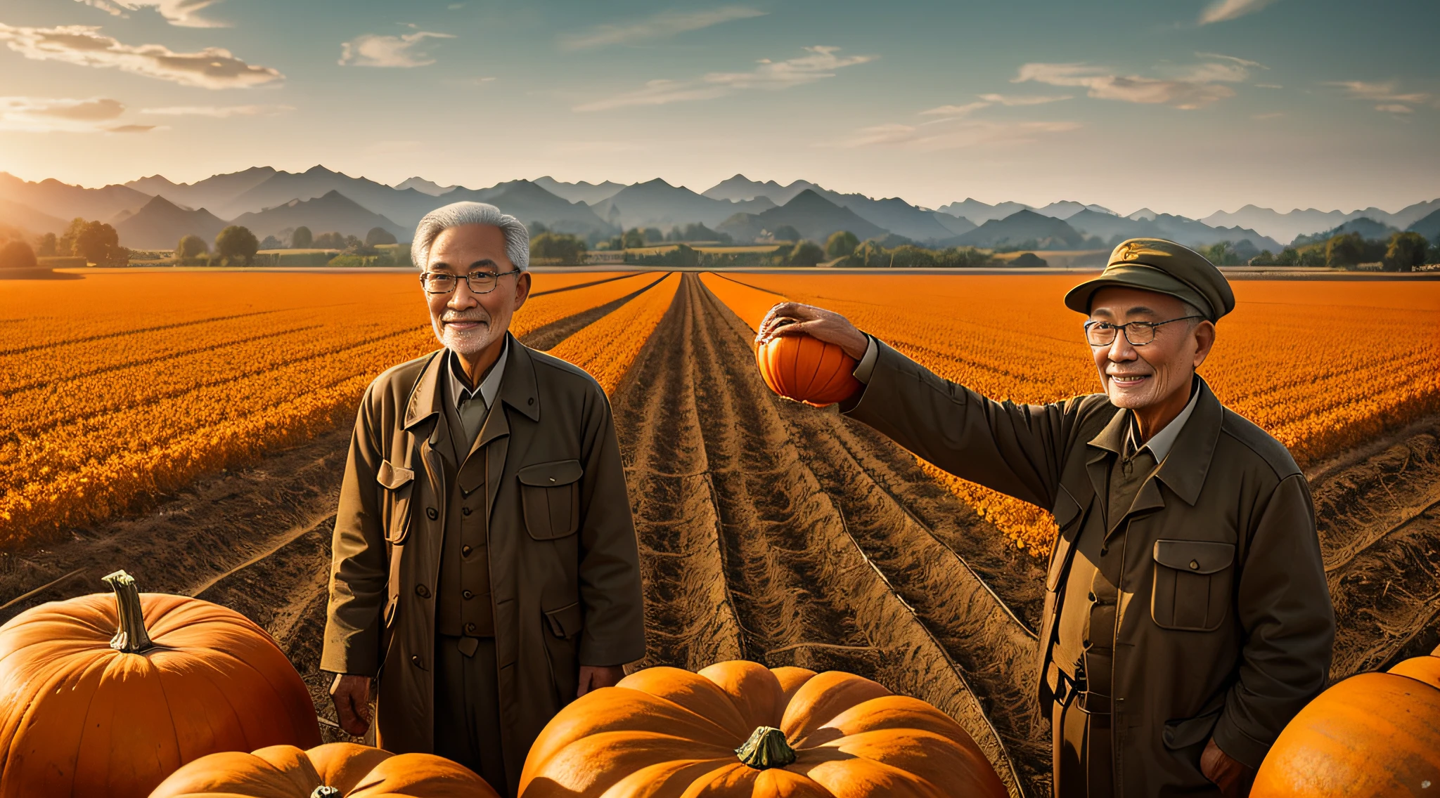 Social realism, cinematic lighting, character chart, panorama, highres, super detail, high details, textured skin, masterpiece, 8k,smile，In the era of the Great Leap Forward in China，In the farmland, there is an old man with glasses holding a giant pumpkin --auto