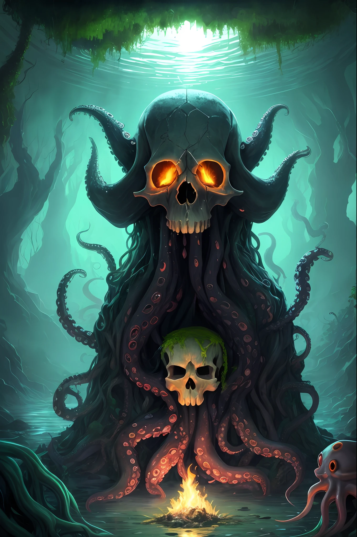 dark swamp eldritch monster (skull face:1.2) rising out of the water moss slime vines (octopus tentacles:1.2) churning water fireflies midnight moonlight backlight (masterpiece:1.2) (illustration:1.2) (best quality) (detailed) (intricate) (8k) (HDR) (wallpaper) (cinematic lighting) (sharp focus)