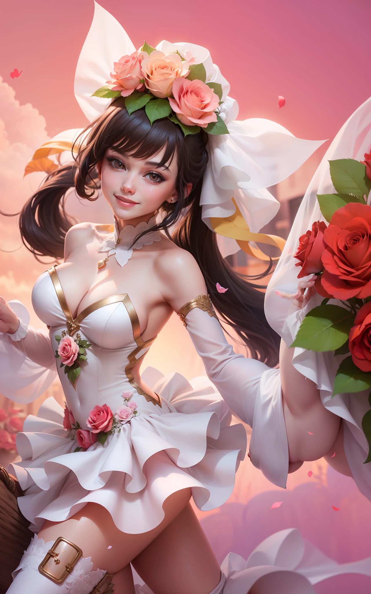 Beautiful Girl with mini dress,smile face, Mini wedding dress, transparent dress, ponytail hair, red eyes, rose flower bucket, big breast, burnette, milf, sensual pose, skinny skin, 8K quality, realistic, Raw photo,