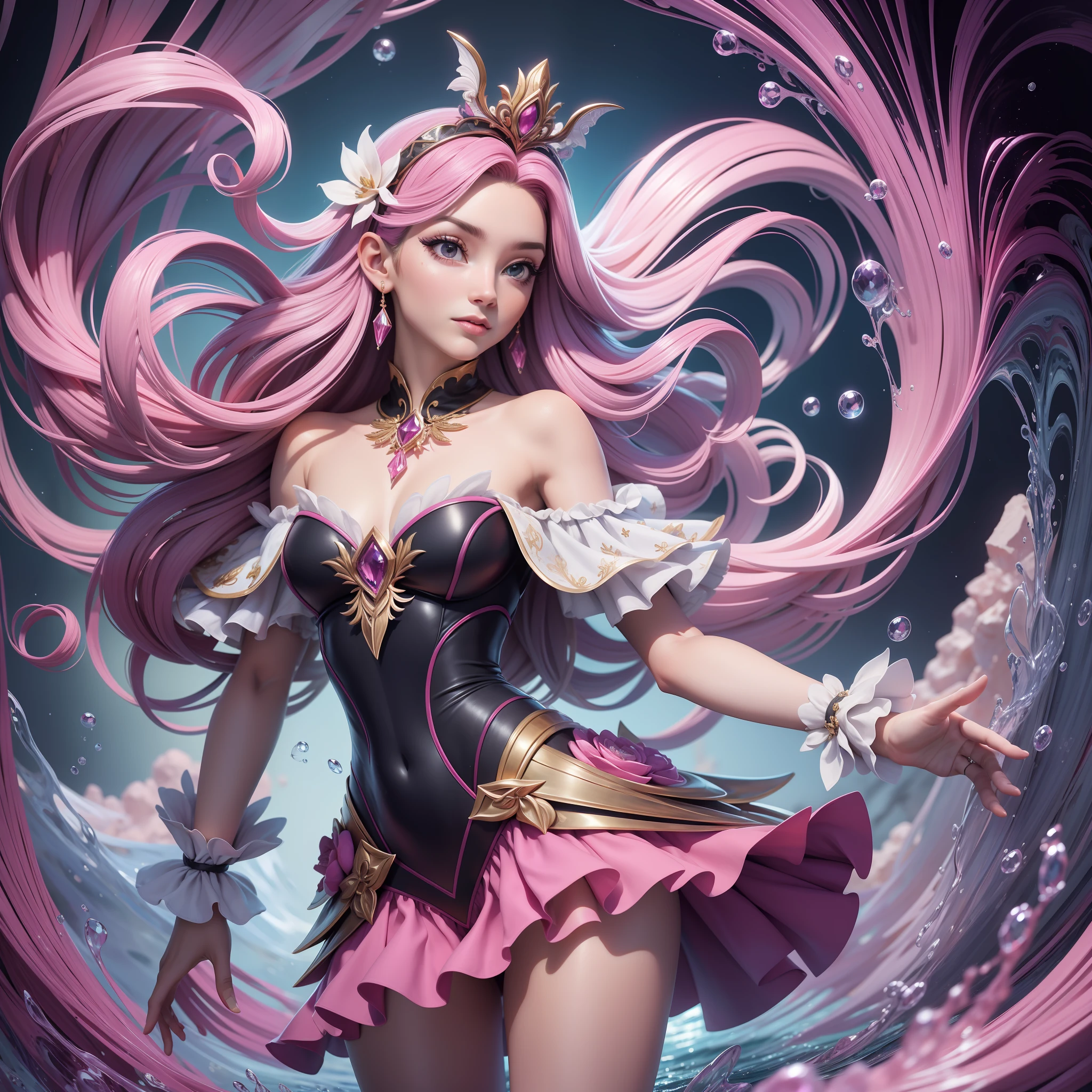 arcanjo cabelos longos, magia (obra-prima, qualidade superior, melhor qualidade, arte oficial, beautiful and aesthetic: 1.2), (1girl:1.3), (arte fractal:1.3), Extremamente linda, flowing hair, roupa julieta, mitico, coroa de fadas, arco e flecha, fundo aquatico, olhando para o espectador, olhar de raiva, glamour, roupa delicada, ombros nus, penas, detalhes rosa e branco, Detalhes do vestido, pernas delicadas, corpo completo, magia pinkpower, ventania, mundo aquatico, estrela do mar