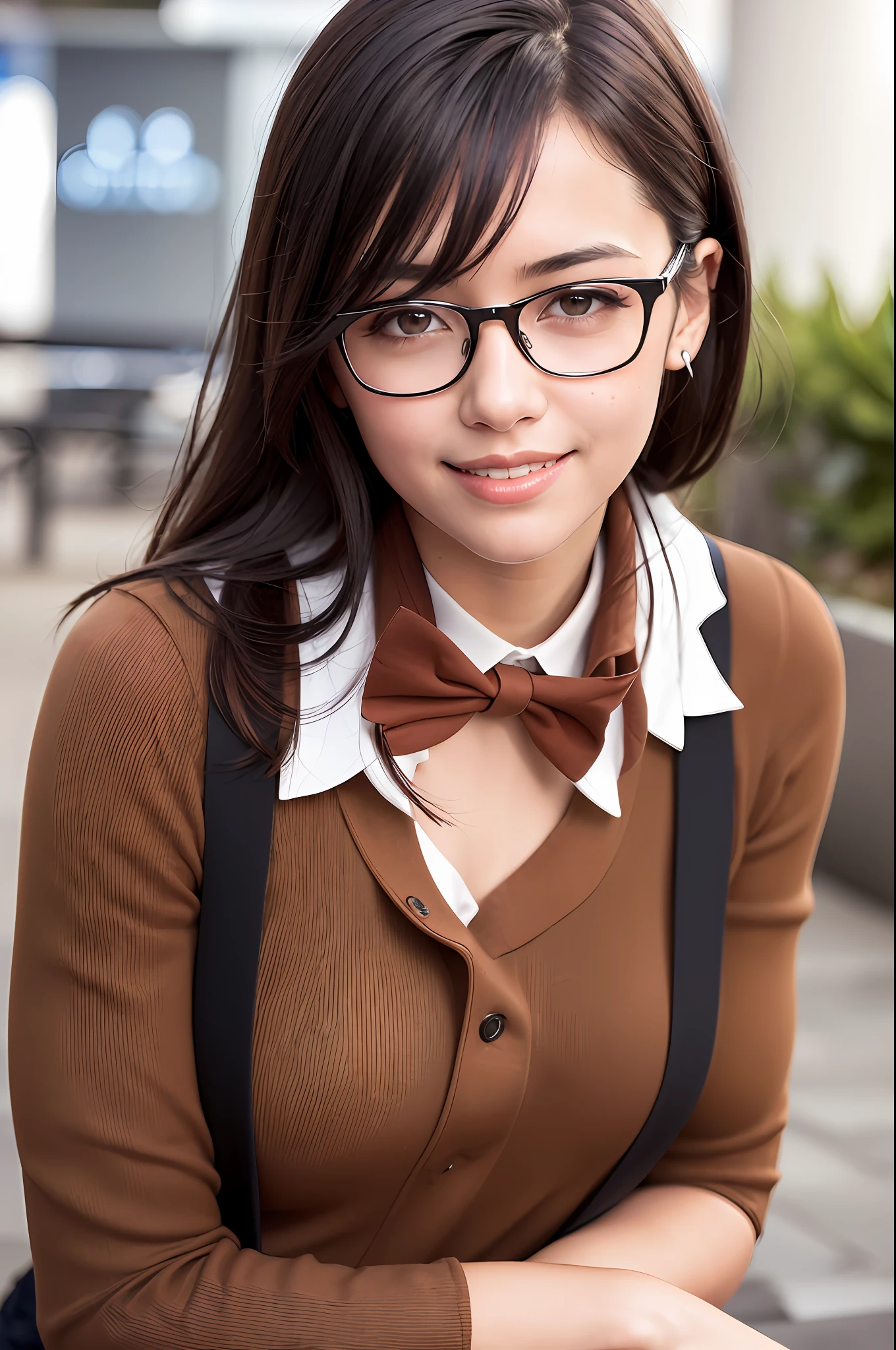 (RAW photo, best quality), (realistic, photo-realistic:1.2), a close up portrait photo,
1girl, shopping mall rooftop cafe, outdoor,
smile, (high detailed skin:1.4),
puffy eyes, gorgeous hair, air bangs, brown black hair,
white opaque shirt with bow tie, pure red pleated skirt,
soft lighting, high quality,((glasses))