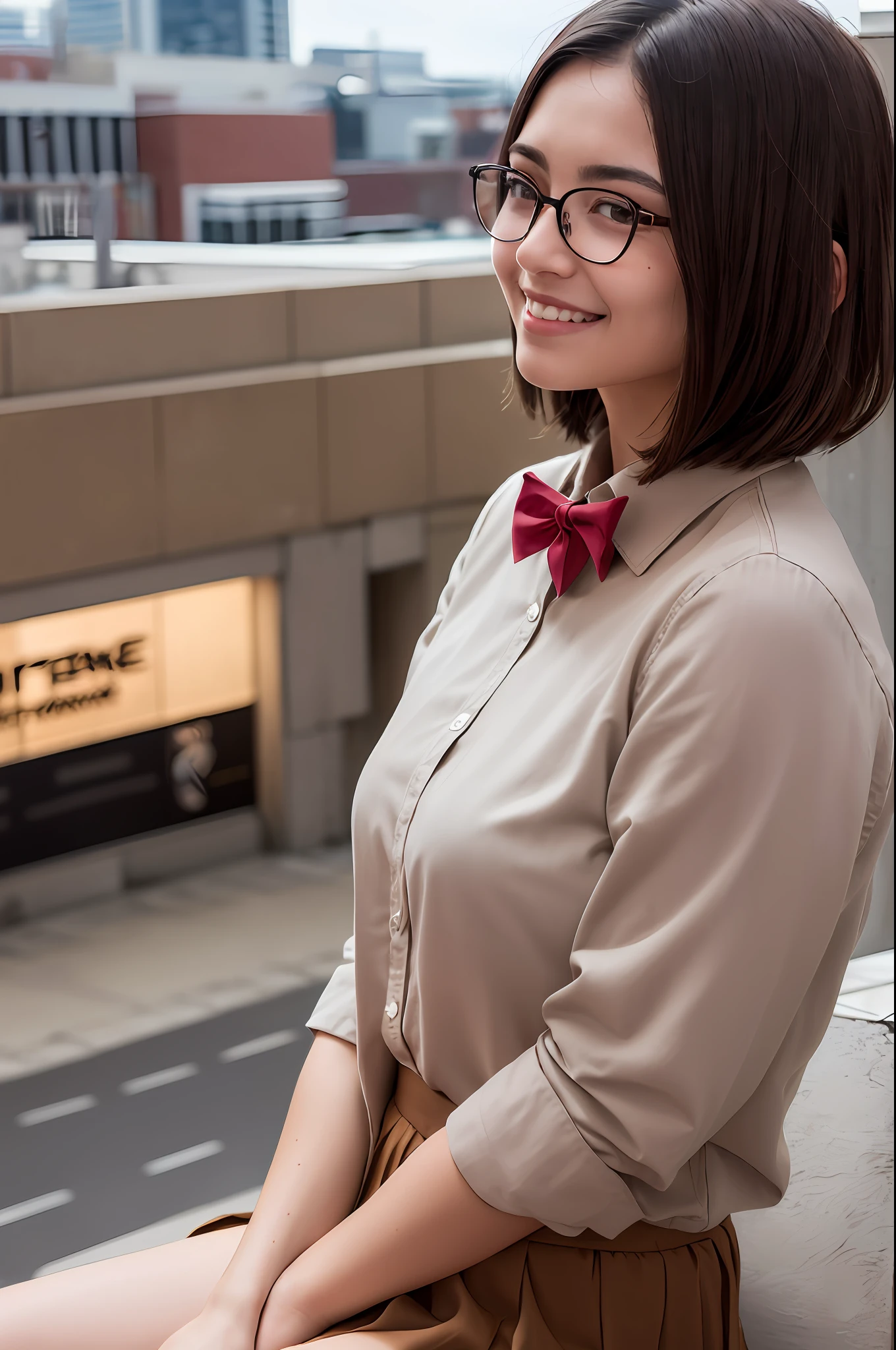 (RAW photo, best quality), (realistic, photo-realistic:1.2), a close up portrait photo,
1girl, shopping mall rooftop cafe, outdoor,
smile, (high detailed skin:1.4),
puffy eyes, gorgeous hair, air bangs, brown black hair,
white opaque shirt with bow tie, pure red pleated skirt,
soft lighting, high quality,((glasses))