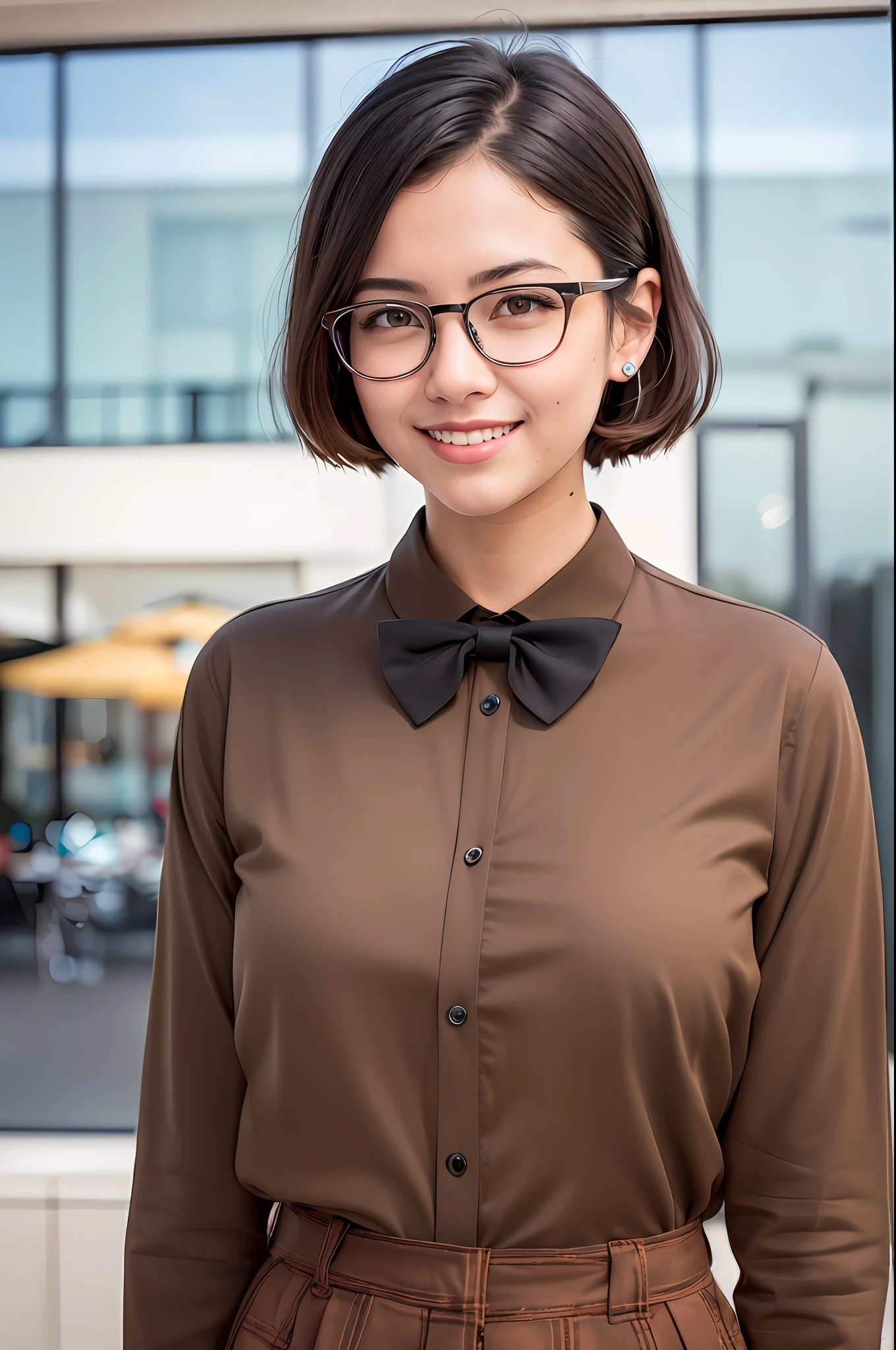 (RAW photo, best quality), (realistic, photo-realistic:1.2), a close up portrait photo,
1girl, shopping mall rooftop cafe, outdoor,
smile, (high detailed skin:1.4),
puffy eyes, gorgeous hair, air bangs, brown black hair,
white opaque shirt with bow tie, pure red pleated skirt,
soft lighting, high quality,((glasses))