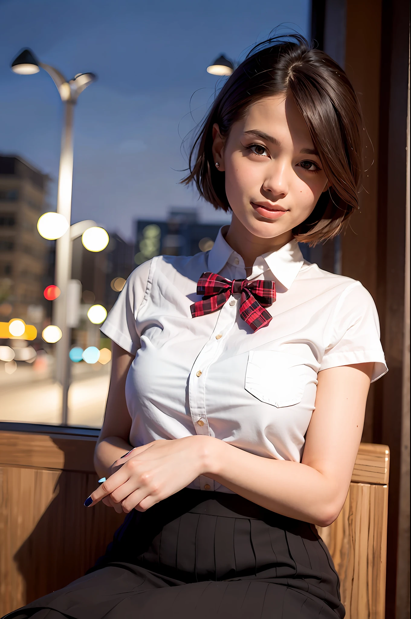 (8K, RAW photo, Best Quality, Masterpiece: 1.2), (Realistic, Photorealistic: 1.37), Ultra HD, 1 girl, Cute, Solo, Beautiful sky, Detailed cafe, Night, Sitting, date, (nose lip), (smile: 1.1), (closed), medium breasts, beautiful eyes, (collared shirt: 1.1), bow tie, pleated skirt, (short hair: 1.2), floating hair