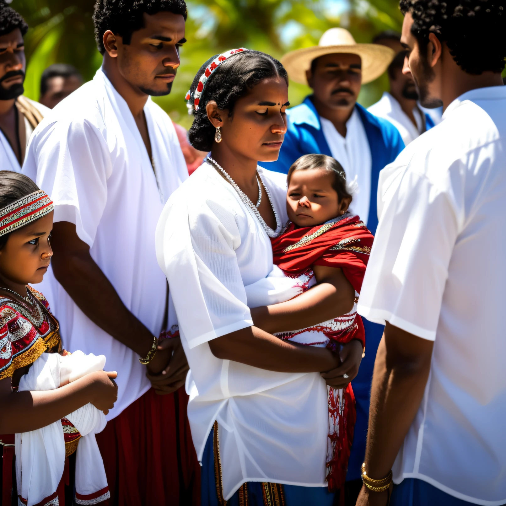 The scene is of a Nahuas Central American indigenous community from the 1500s, Many people are around a couple composed of a black man and an indigenous woman., They both hold a newborn baby in their arms, This man and woman in front watch the camera, The angle of the scene covers people from head to head, All are dressed in white on a well-lit white background --auto