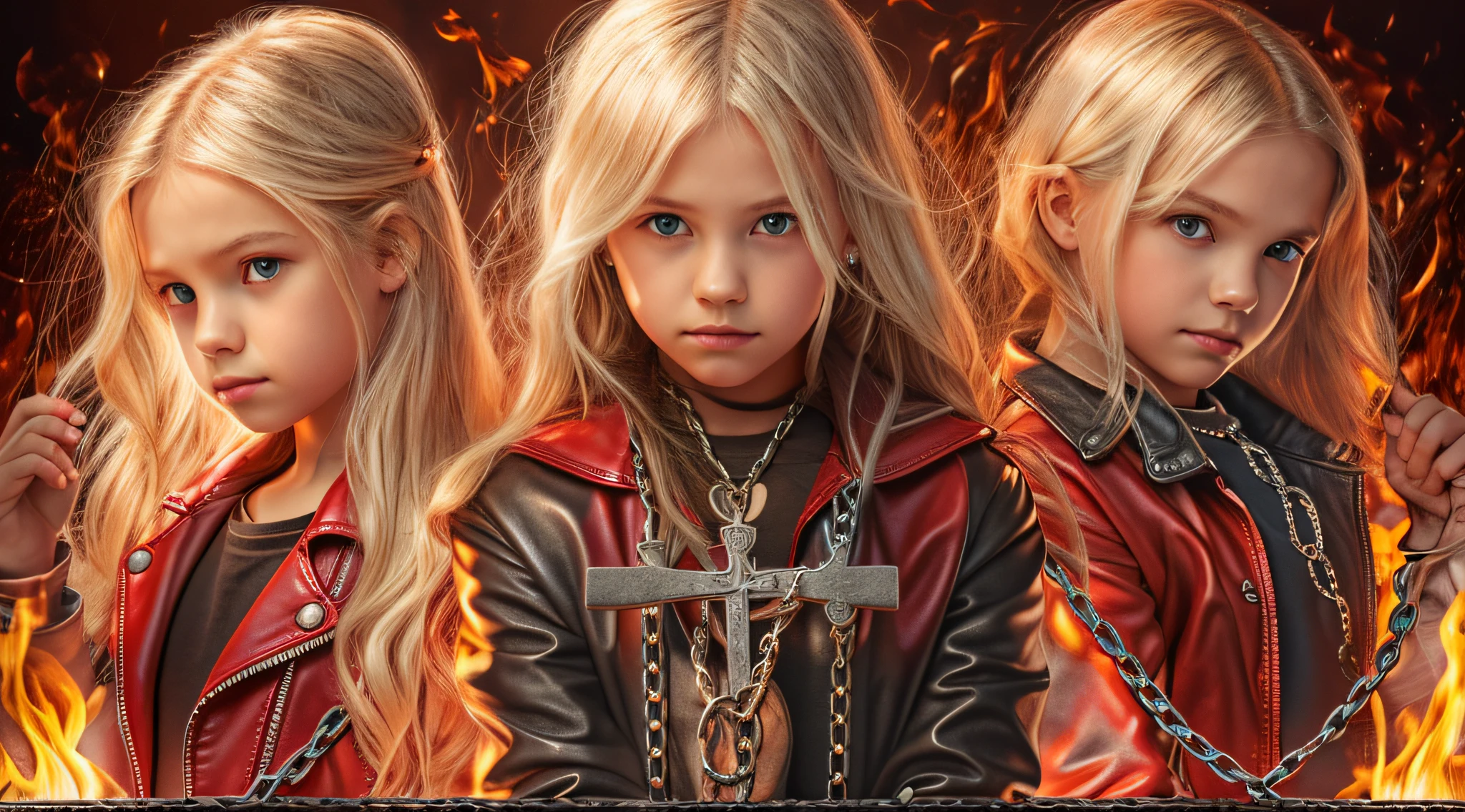 A half body, portrait of 3 girls German children long platinum blonde hair of 12 years, red leather jackets, holding in their hands a cross, background of chains, chain, more chains, many chains, , red, red fire, many background flames.