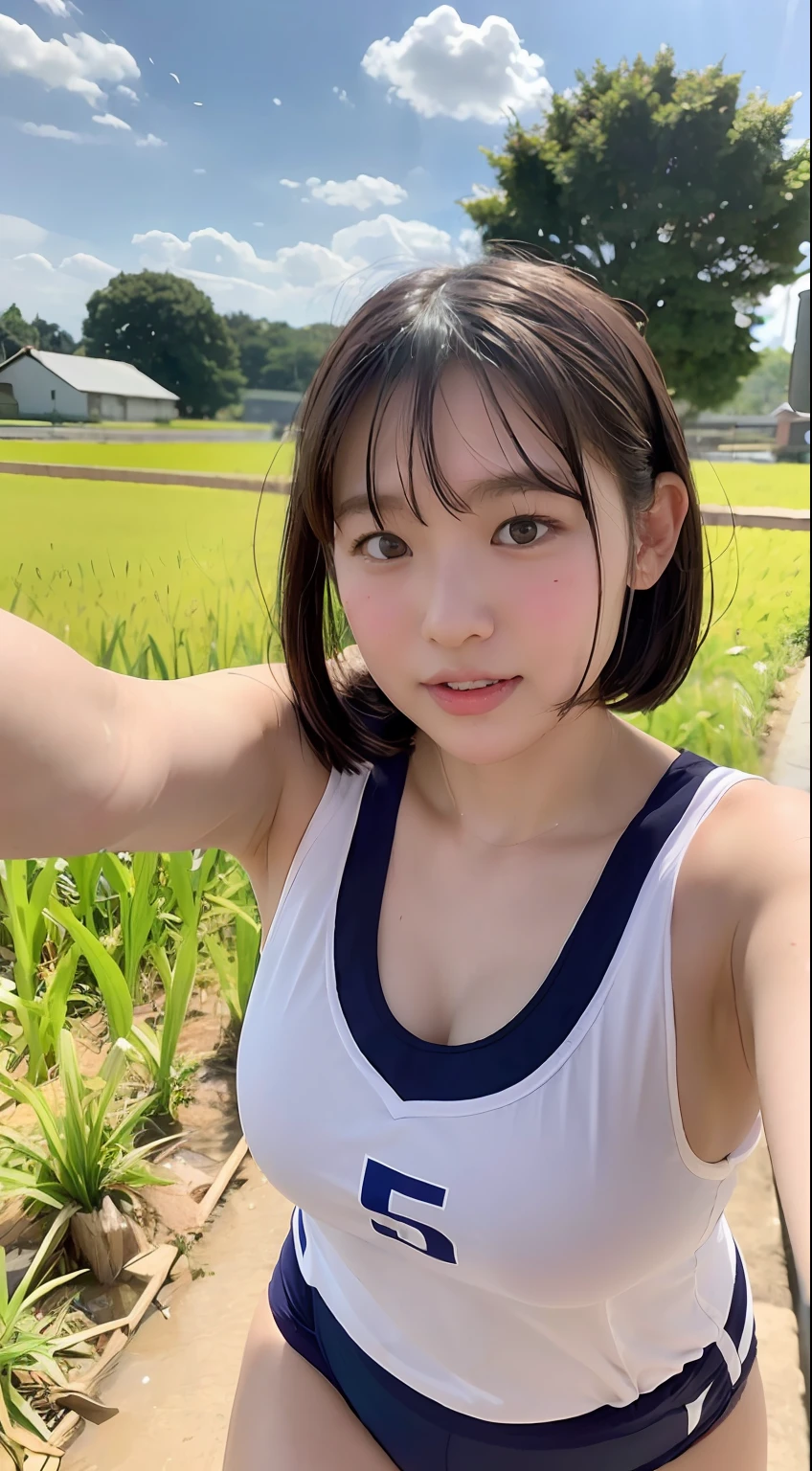 volleyball club, with too big, running in a rice field in the countryside, 15 years old, blush: 1.5),4), flabby milk, soft, sweat, short hair, V-neck, masturbation, plump,
