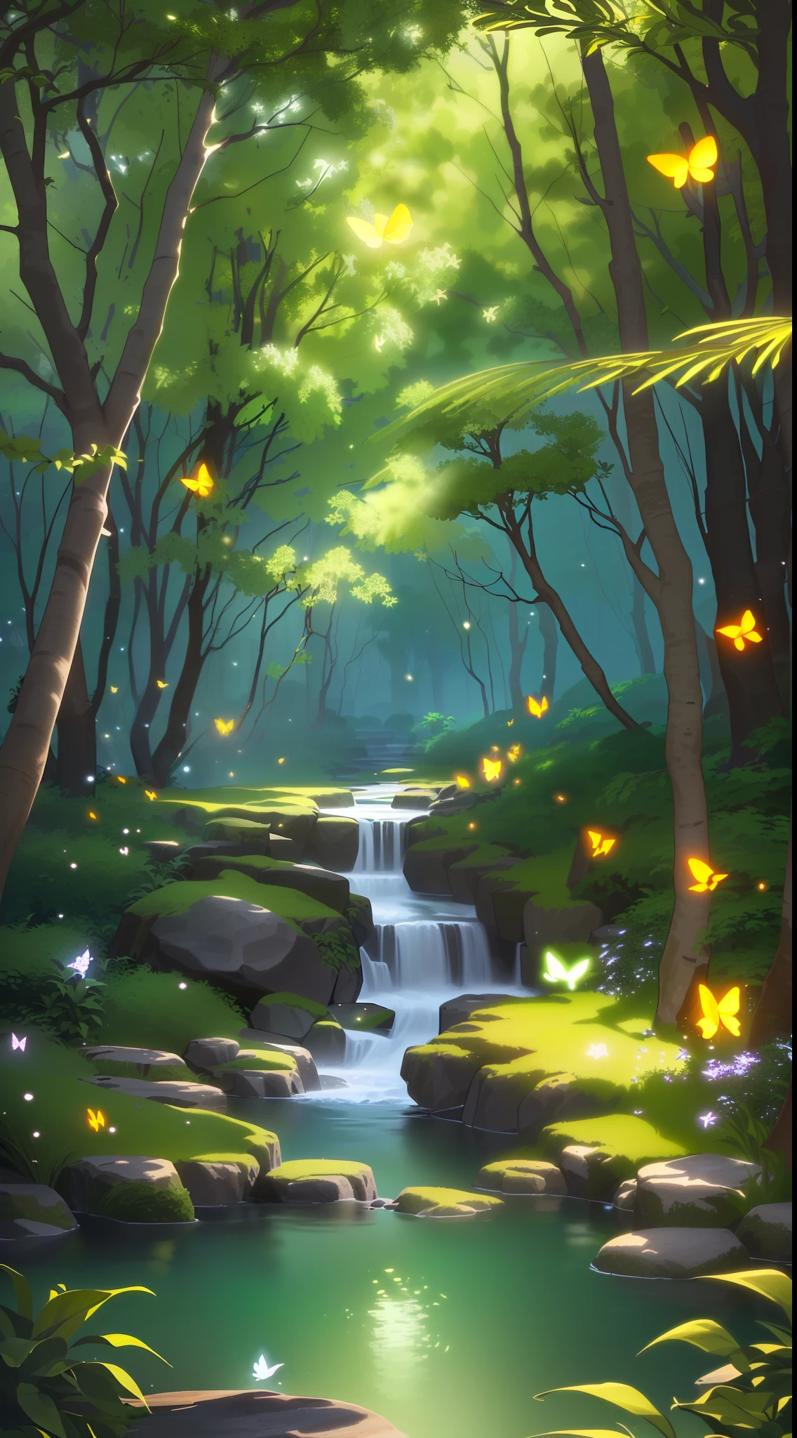 A masterpiece, the best quality, stunning reflections, the best reflections ever. (very detailed CG unity 8k wallpapers), (best quality), (best illustrations), (best shadows), forest theme with natural elements. Tall trees, quiet streams, small glowing mushrooms surrounded by delicate leaves and branches, with fireflies and glowing particle effects,, (natural elements), (jungle theme), (leaves), (twigs), (fireflies), butterflies, (delicate leaves), (glow), (particle effects). , Isometric 3D, Octane Rendering, Ray Traced, Super Detailed