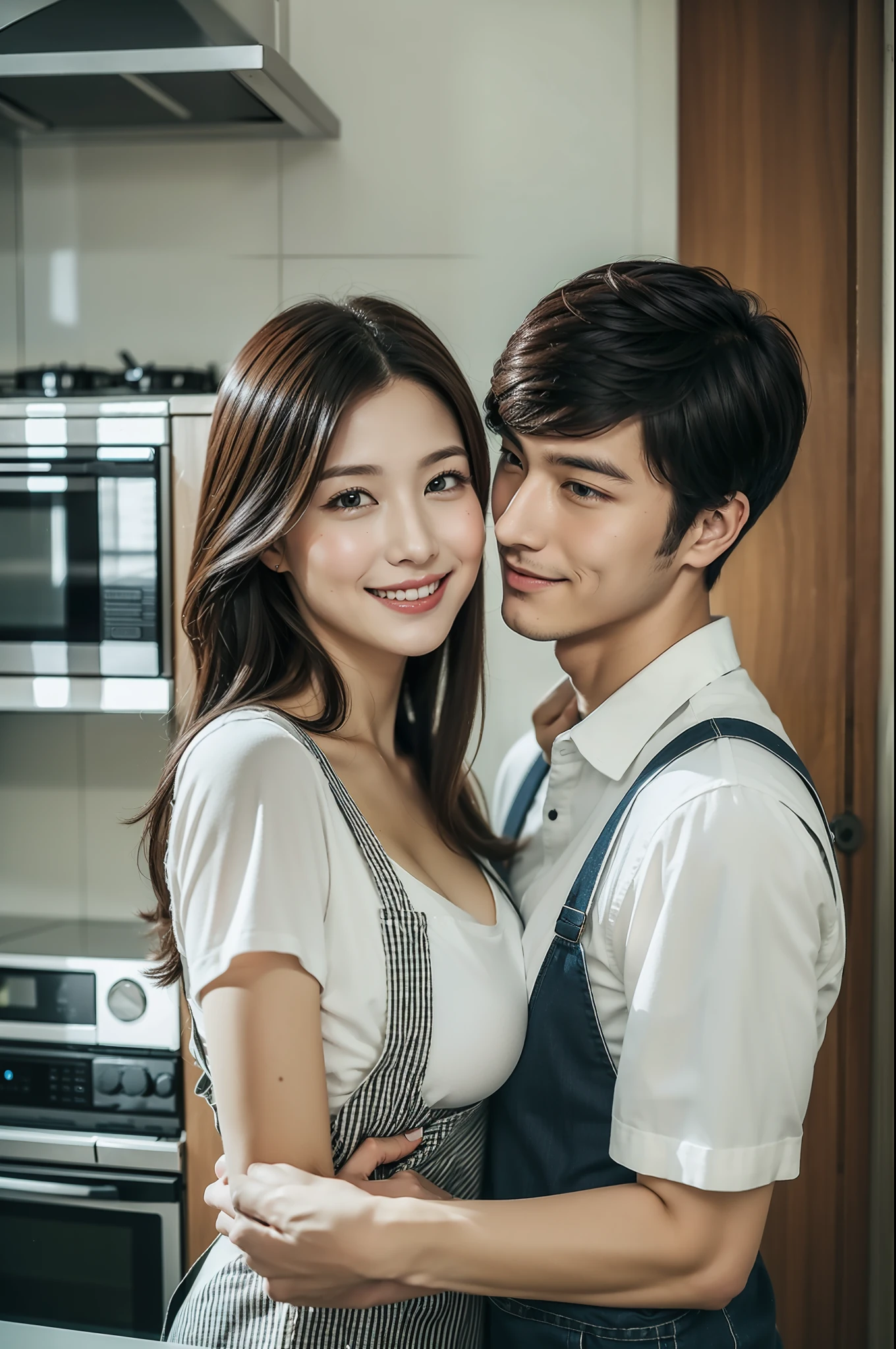 best qualtiy、​masterpiece、fidelity:1.3、超A high resolution、(Photorealsitic:1.4)、Couple hugging each other in the kitchen（Year difference couple、The woman is tall:1.5、Man is a boy）、1 Most Beautiful Mature Woman in Japan（Obscene big breasts:1.4、Wearing an apron、Bob Hair）、1 boy with a cute face（shortsleeves）The ultra -The high-definition、Flirting