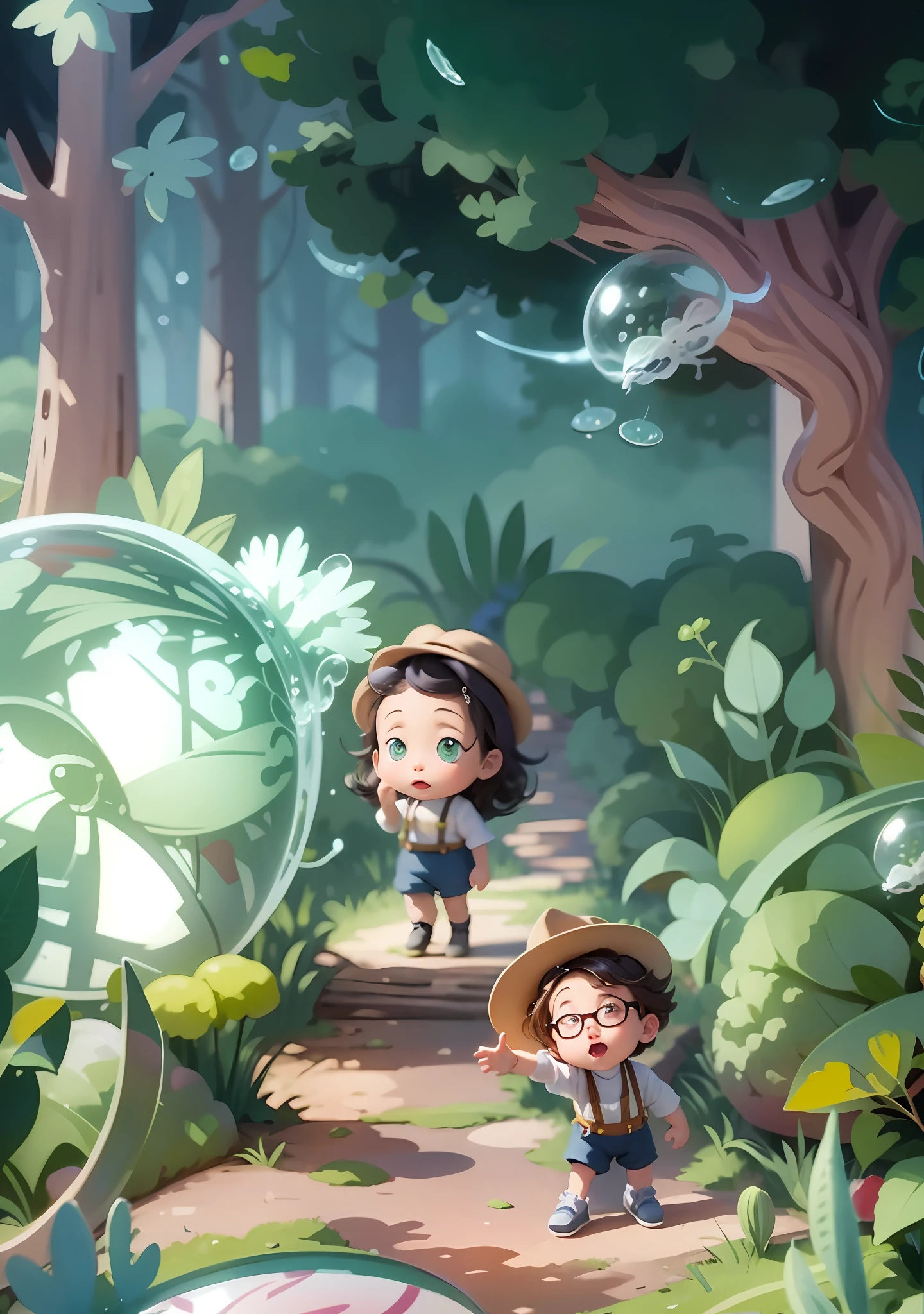 tmasterpiece， best qualityer， high qulity， extremely detailed CG unit8k wallpaper， award winning photography，Clear characters，2 children playing in the forest，One boy and one girl，Girl in hat，Wear suspenders，jelly fish，Cartoon ??? playing in the woods, children's book illustrations,  childrens art in artstation,  storybook illustrations,colorful kids book illustration,