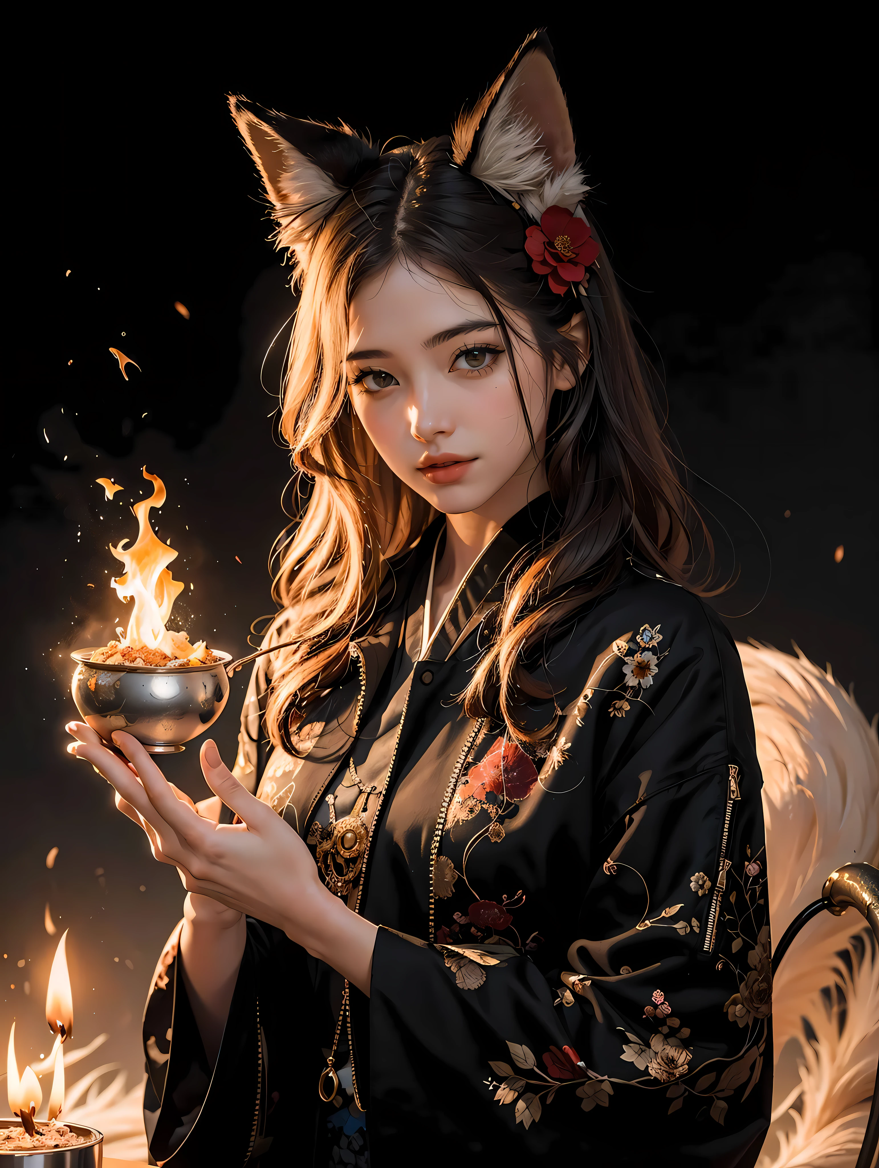 1girl, solo, official art, unity 8k wallpaper, ultra detailed, beautiful and aesthetic, masterpiece, best quality, photorealistic, (abstract background) (zentangle, mandala, tangle, entangle background:0.7) Kitsune, fox mask, haori jacket, foxfire spell, fox familiar, transformation, depth of field, Fantastical Atmosphere, the most beautiful form of chaos, elegant, a brutalist designed, flower of death, ecstasy of flower