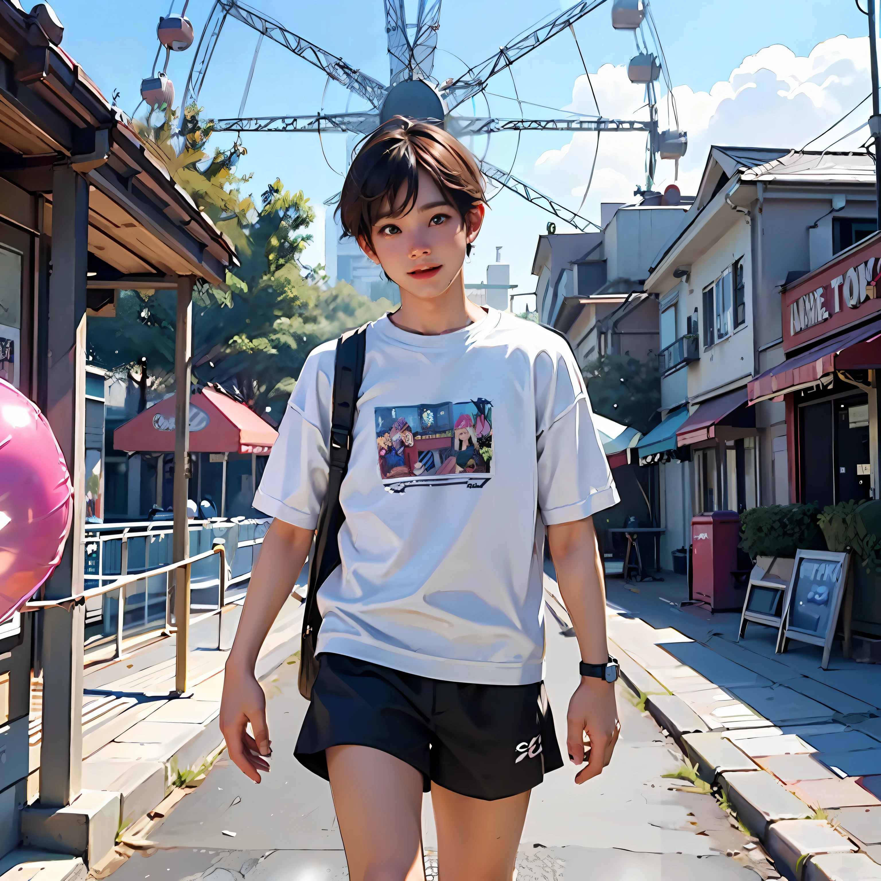 Two running boys, amusement park, holding balloons, happy, happy, perfect quality, clear focus (clutter - home: 0.8), (masterpiece: 1.2) (Realistic: 1.2) (Bokeh) (Best quality) (Detailed skin: 1.3) (Intricate details) (8K) (Detail Eyes) (Sharp Focus), (Happy) --auto