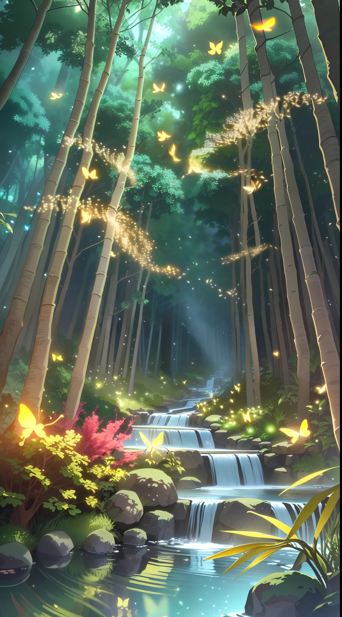 A masterpiece, the best quality, stunning reflections, the best reflections ever. (very detailed CG unity 8k wallpapers), (best quality), (best illustrations), (best shadows), forest theme with natural elements. Tall trees, quiet streams, small glowing mushrooms surrounded by delicate leaves and branches, with fireflies and glowing particle effects,, (natural elements), (jungle theme), (leaves), (twigs), (fireflies), butterflies, (delicate leaves), (glow), (particle effects). , Isometric 3D, Octane Rendering, Ray Traced, Super Detailed