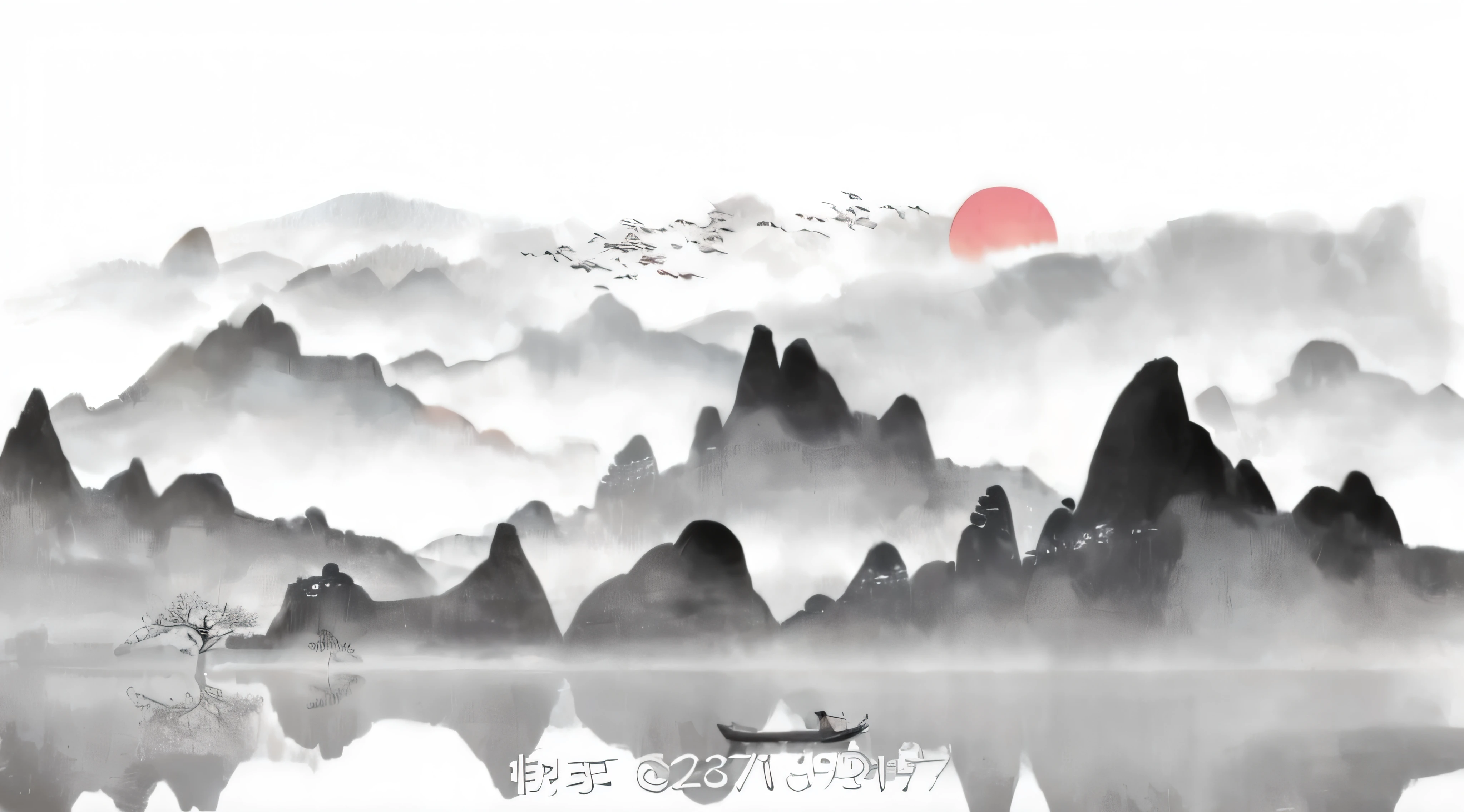 Alafeld mountain landscape,There are boats and birds flying on the water, Chinese painting style, Traditional Chinese Ink Painting, Chinese watercolor style, Chinese ink painting, Chinese style painting, artwork in the style of z.Show on the. gu, Traditional Chinese painting, Chinese landscape, Chinese painting, Middle metaverse