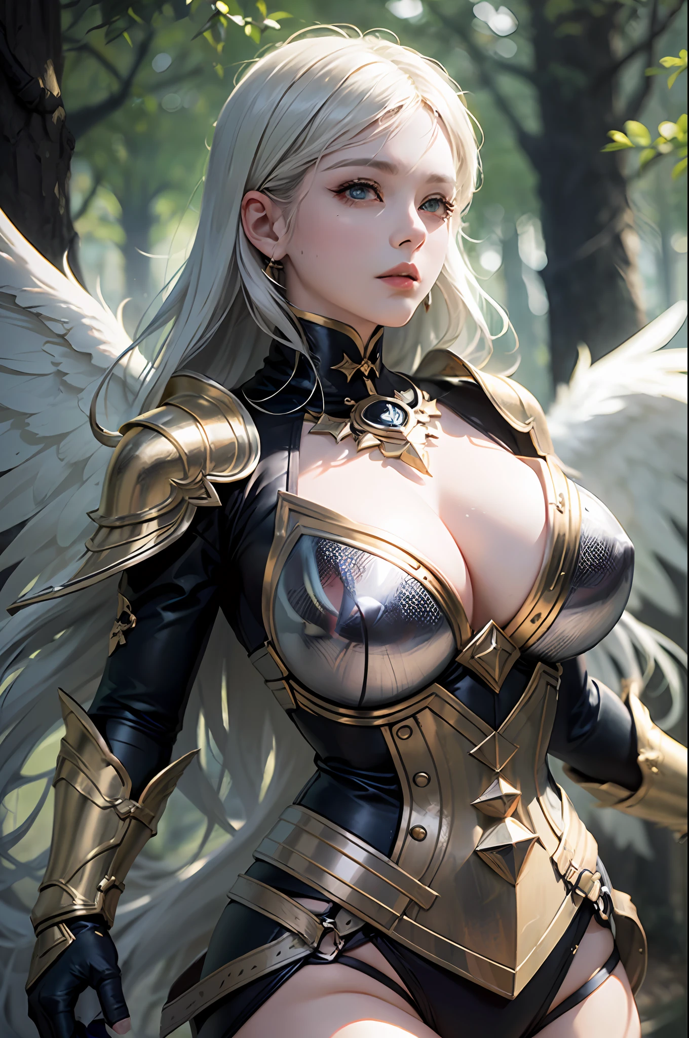 (top-quality、8K、32K、masterpiece、nffsw:1.3)、(Photorealsitic:1.4)、Raw photography, ciinematic light,(actionpose:1.4)、(dark shot:1.4)、Platinum White Hair、Beautiful angel covered with jewels、In the dark forest、The tree々Sunlight penetrates、Highly detailed bronze armor、verd s eyes、Broken Angel Wings、、lensflare、Shading by sunlight、8 class large、thicc body、Add depth to images with backlight effects、 perfect anatomia、