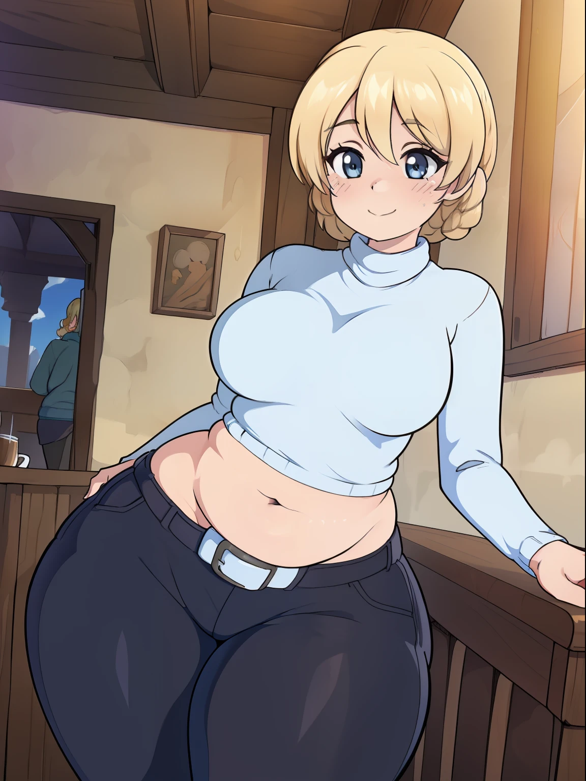 (((kipteitei art))), ((masterpiece)), (((best quality))), ((ultra-detailed)), (((illustration))), detailed face, ultra cute face, detailed body, ((1girl)), ((solo)), girls und panzer, blonde hair, Darjeeling, (dark blue turtle neck sweater), (tight sweater), black pants, belt, taut clothes, (tight pants), medium breasts, (pudgy), soft belly, (wide hips), (((thick thighs))), (cafe), on date with viewer, looking at viewer, cowboy shot, dynamic angle, cute pose, blush, soft smile, affectionate, flirting, happy, cloudy day,