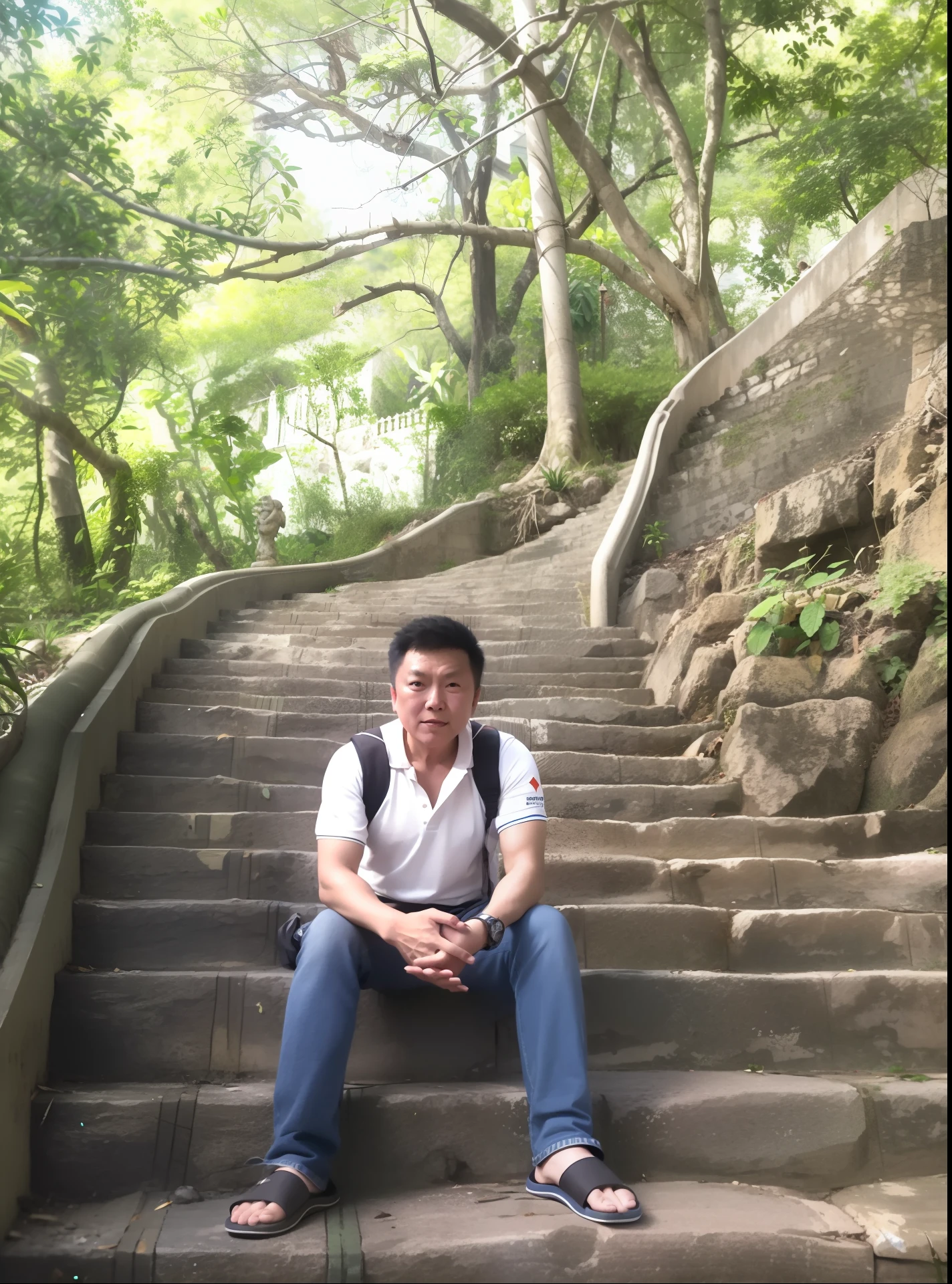 arafed man sitting on a stone staircase in a forest, sitting on temple stairs, in hong kong, stanley lau, lin hsiang, kakar cheung, in a jungle environment, huifeng huang, steve zheng, lim chuan shin, ryan jia, jim cheung, xintong chen, emmanuel shiu, Ruan Jian drew pencil sketches