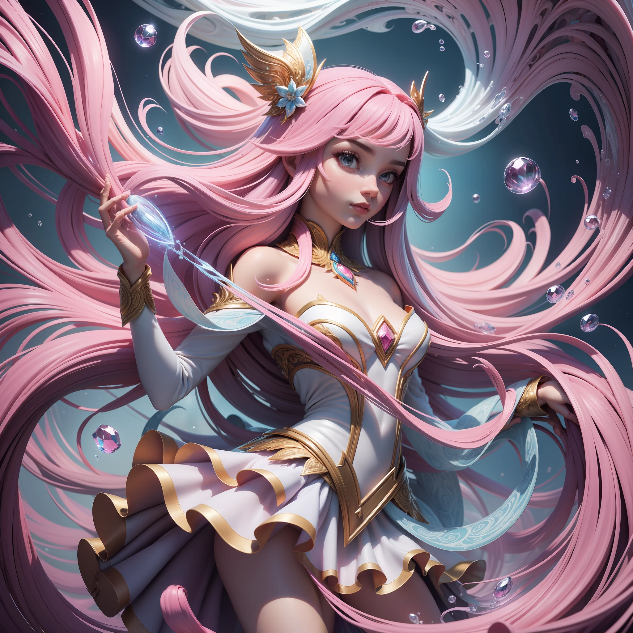 arcanjo cabelos longos, magia (obra-prima, qualidade superior, melhor qualidade, Arte Oficial, Beautiful and Aesthetic: 1.2), (1girl:1.3), (Arte Fractal:1.3), extremamente linda, flowing hair, roupa julieta, mythic, coroa de fadas, arco e flecha, fundo aquatico, olhando para o espectador, olhar de raiva, Glamour, roupa delicada, ombros nus, Penalty shootout, detalhes rosa e branco, Detalhes do vestido, pernas delicadas, corpo inteiro, Magia PinkPower, ventania, mundo aquatico, estrela do mar