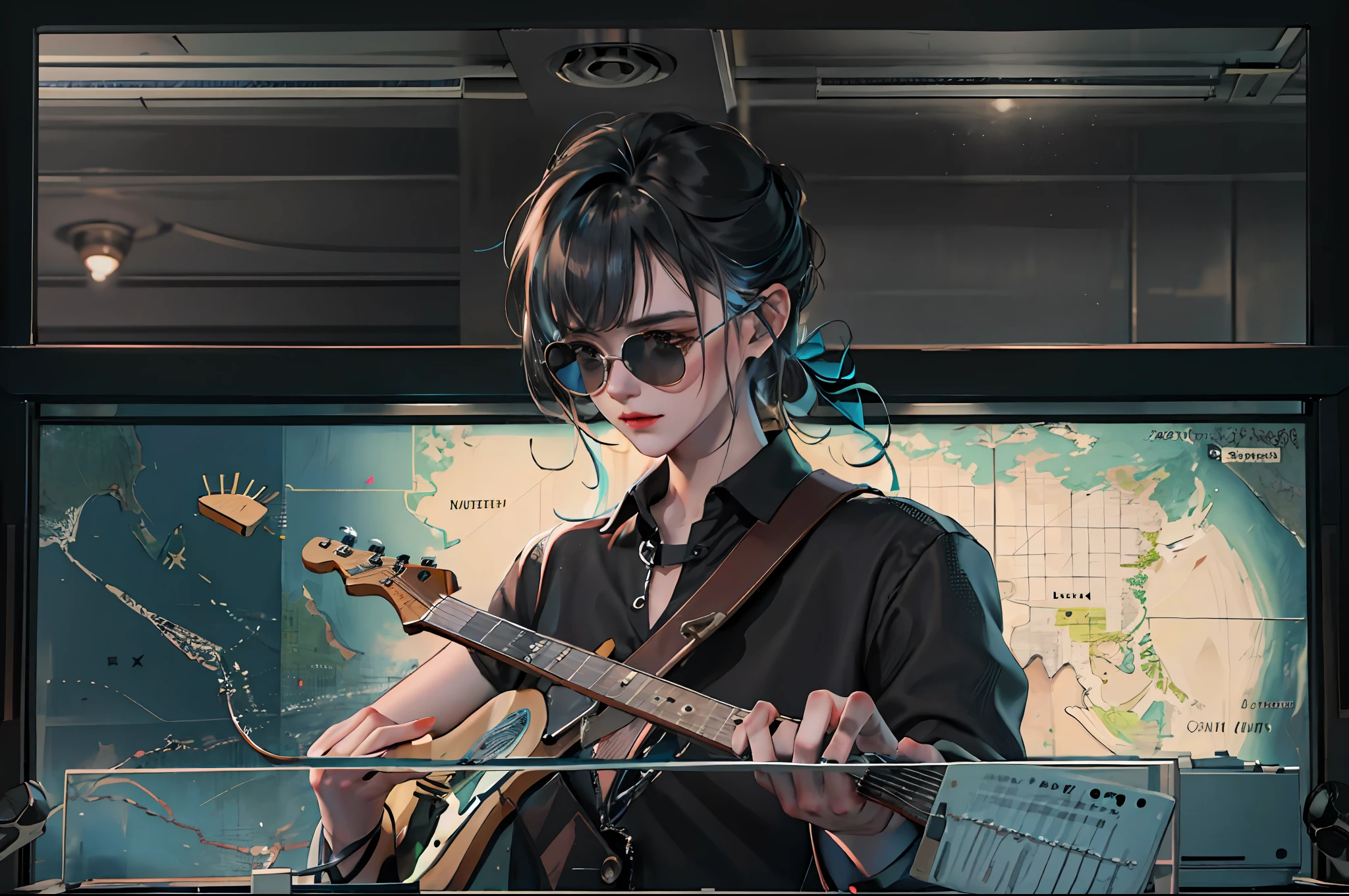 A handsome man,black color hair,Blackn clothes,Do it in the broadcast studio,Glasses look at the guitar on the tabletop