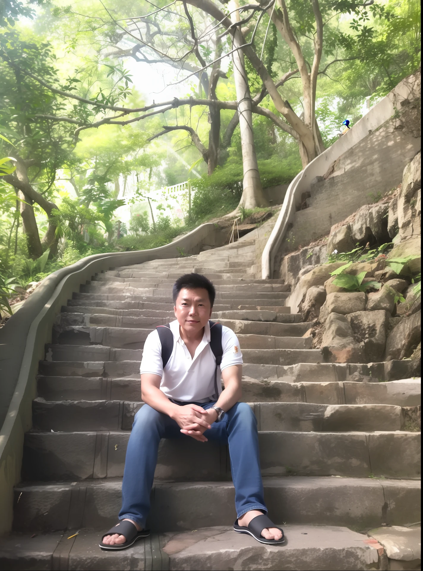 arafed man sitting on a stone staircase in a forest, sitting on temple stairs, in hong kong, stanley lau, lin hsiang, kakar cheung, in a jungle environment, huifeng huang, steve zheng, lim chuan shin, ryan jia, jim cheung, xintong chen, emmanuel shiu, Ruan Jian drew pencil sketches