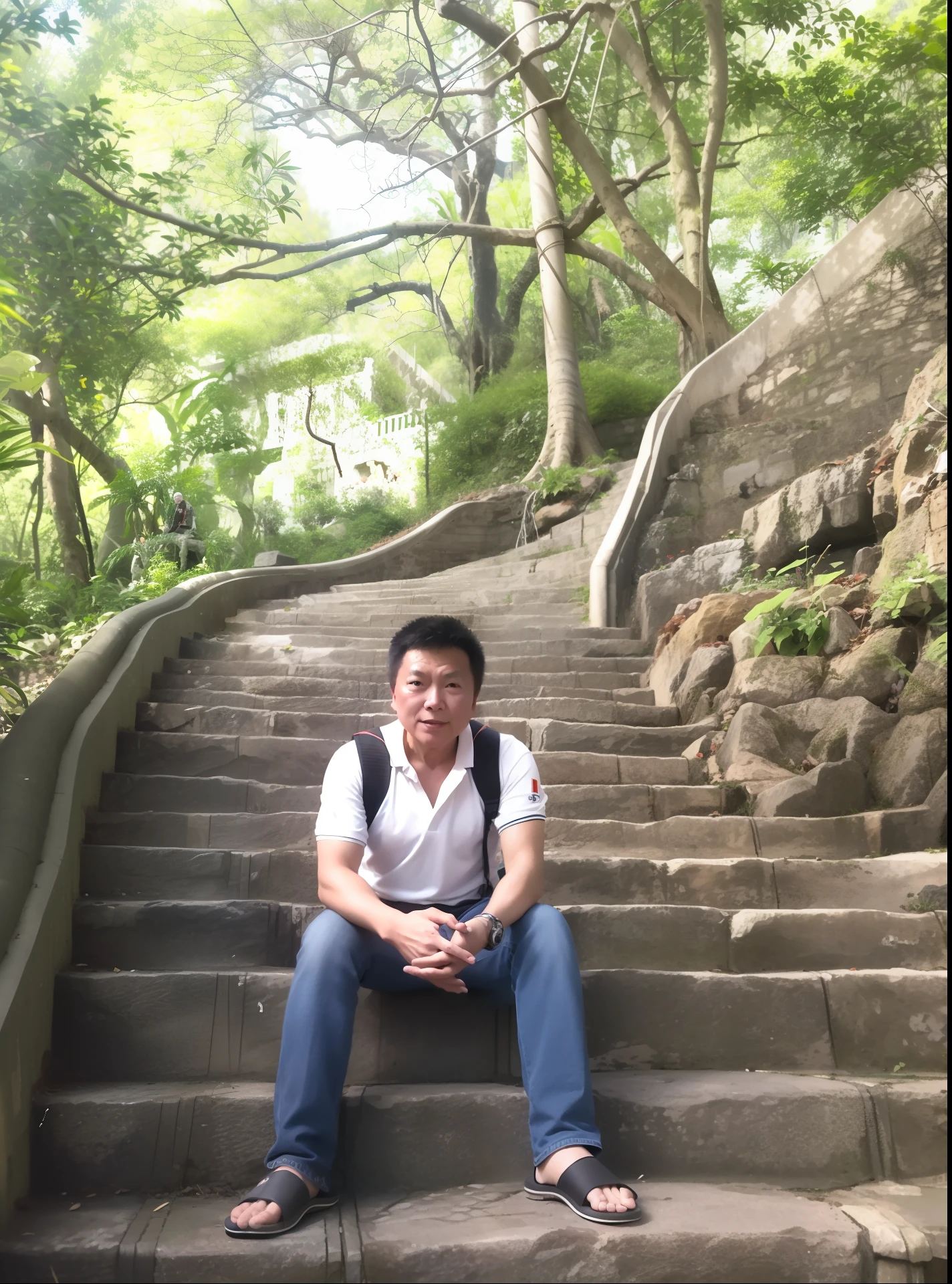 arafed man sitting on a stone staircase in a forest, sitting on temple stairs, in hong kong, stanley lau, lin hsiang, kakar cheung, in a jungle environment, huifeng huang, steve zheng, lim chuan shin, ryan jia, jim cheung, xintong chen, emmanuel shiu, Ruan Jian drew pencil sketches