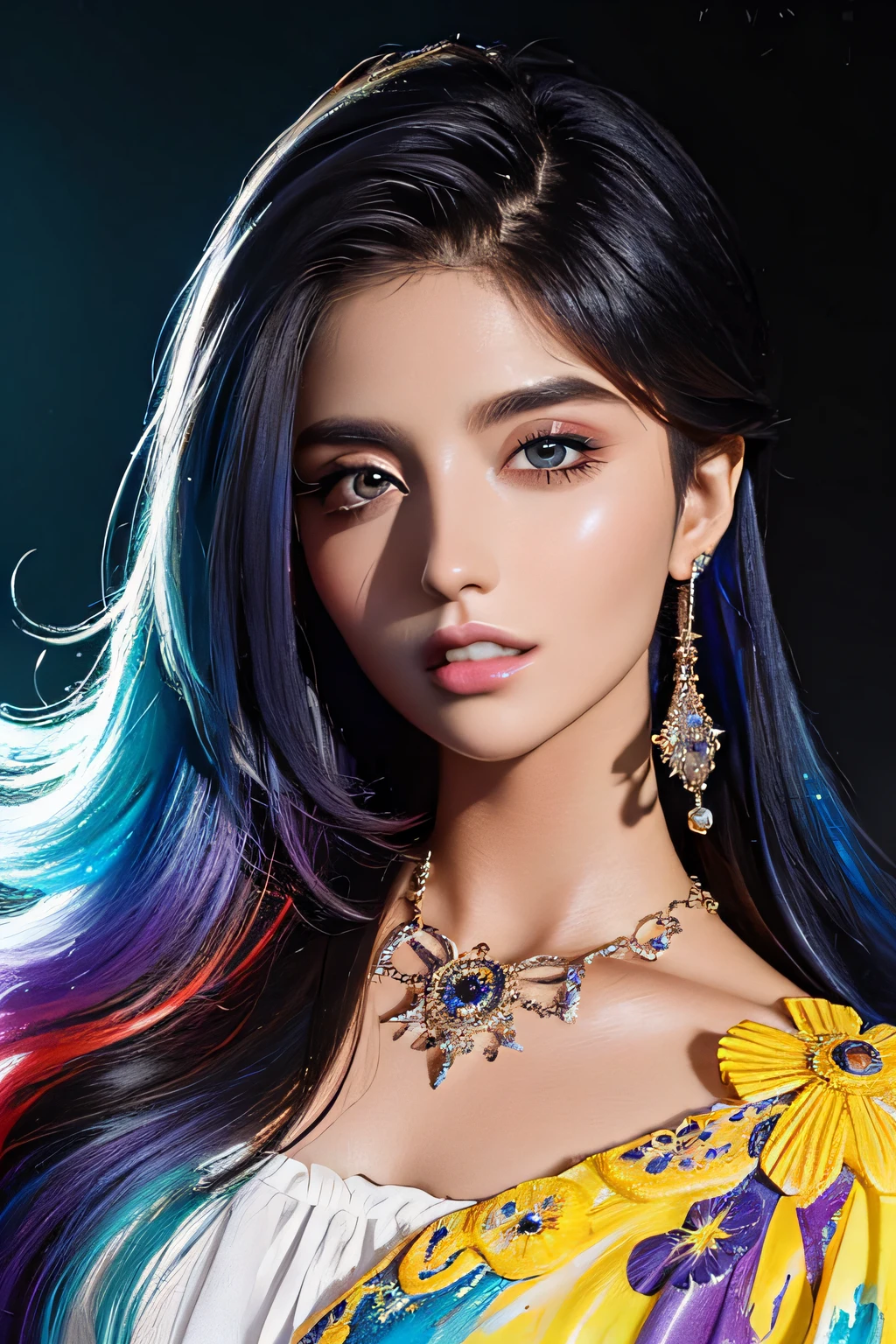 Colorful beautiful girl: an 8  giru, messy hair, oil painting, nice perfect face with smooth skinice perfect face, blue yellow colors, light purple and violet additions, light red additions, intricate details, home screen, 8k resolution, masterpiece, beautiful face, artstation digital painting very smooth ink flowBlack: 8k photorealistic resolution masterpiece: intricately detailed fluid gouache painting:   by Jean Baptiste Mongue: calligraphy: acrylic: watercolor, professional photography, natural lighting, maximalist volumetric lighting photoillustration: by marton bobzert:, complex, elegant, expansive, fantastic, wavy hair, vibrant