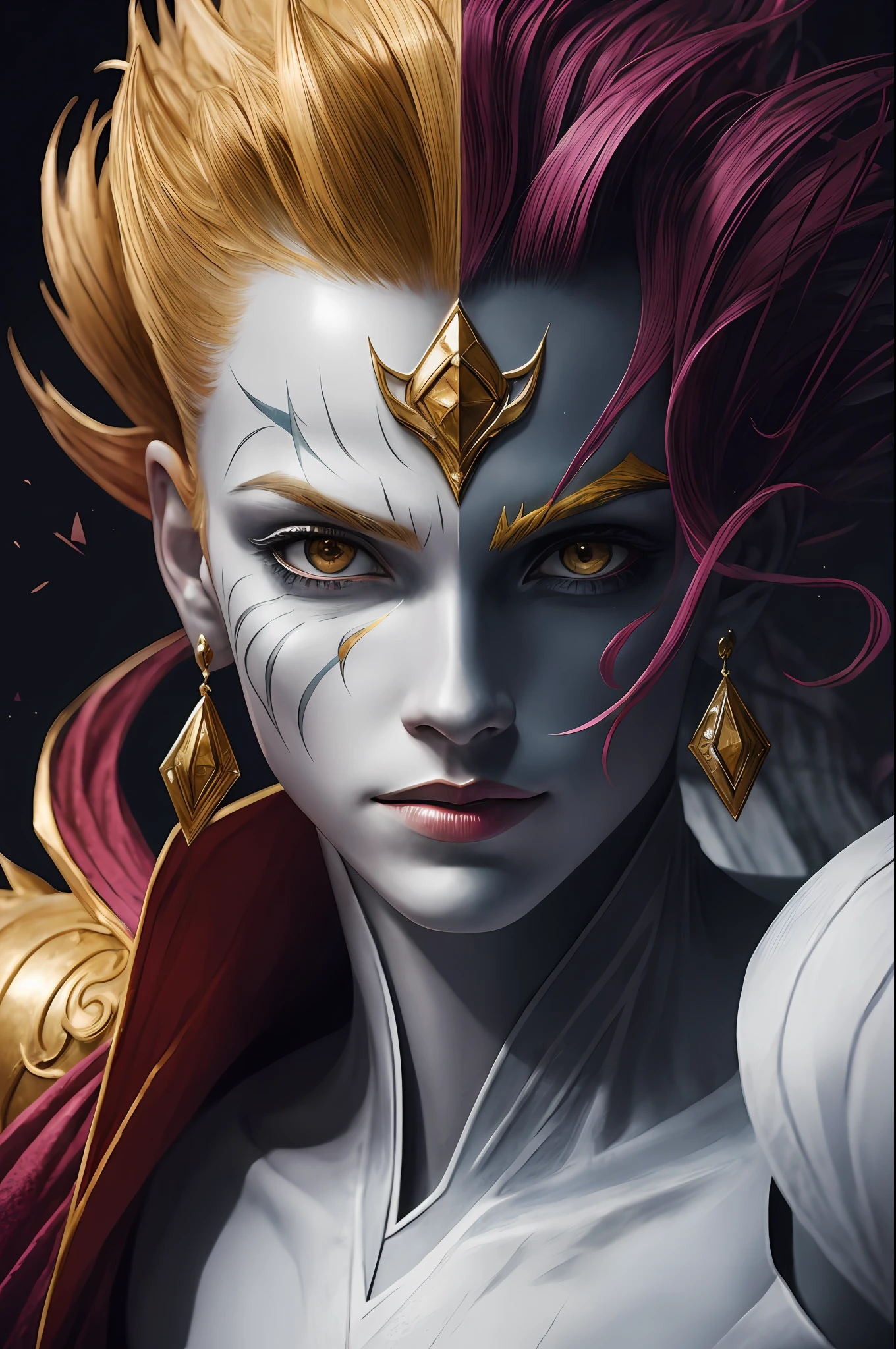 (8K, photo in RAW format, beste-Qualit, tmasterpiece: 1.2), ultradetailed, official arts, photorealestic:1.37, upper body face shot, Kefka Palazzo and Hisoka, film grains, action pose